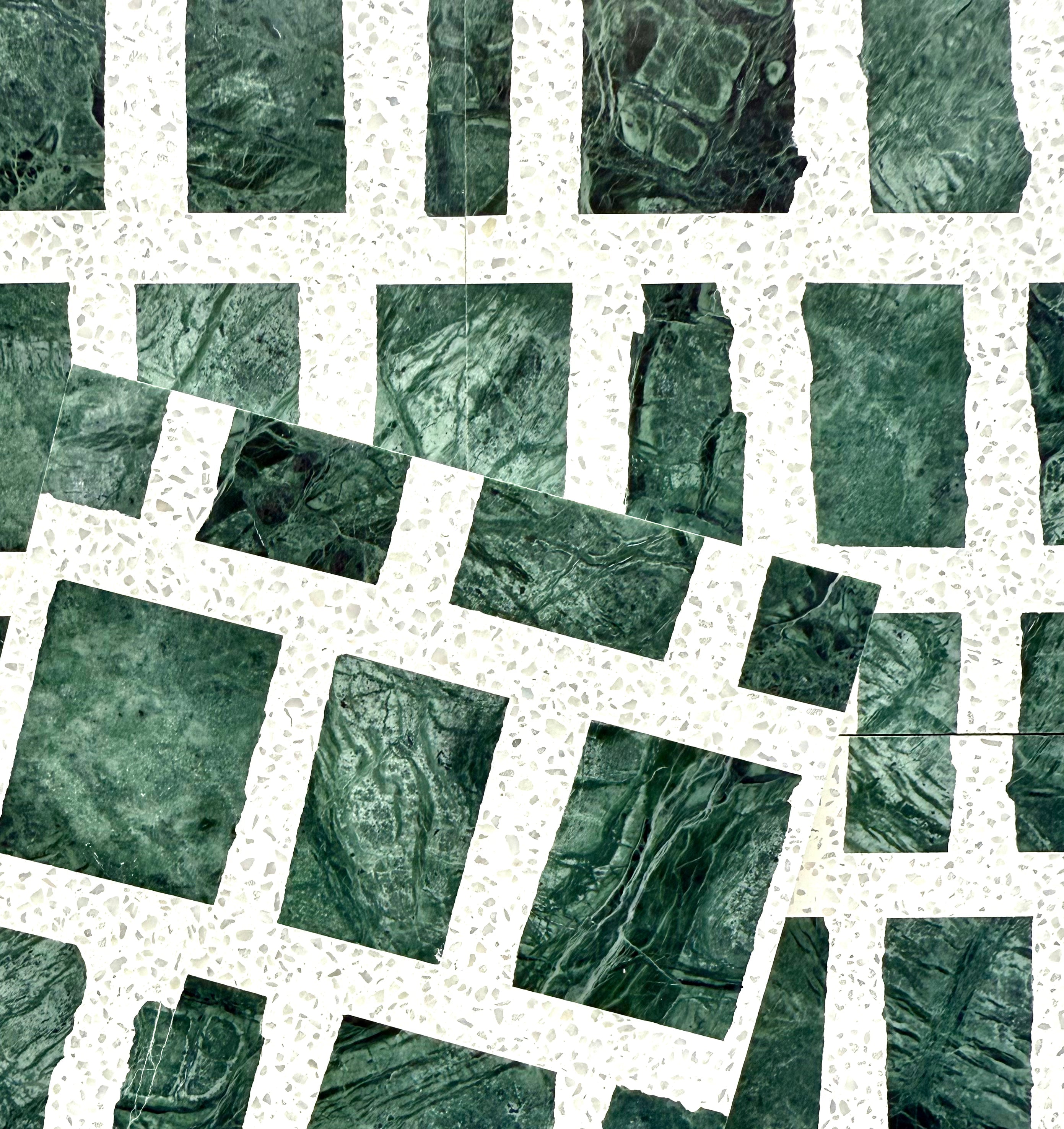 Nine rectangular tiles with grid patterns made of various colored stone squares, including green, brown, red, gray, white, beige, and marble, arranged together on a flat surface.