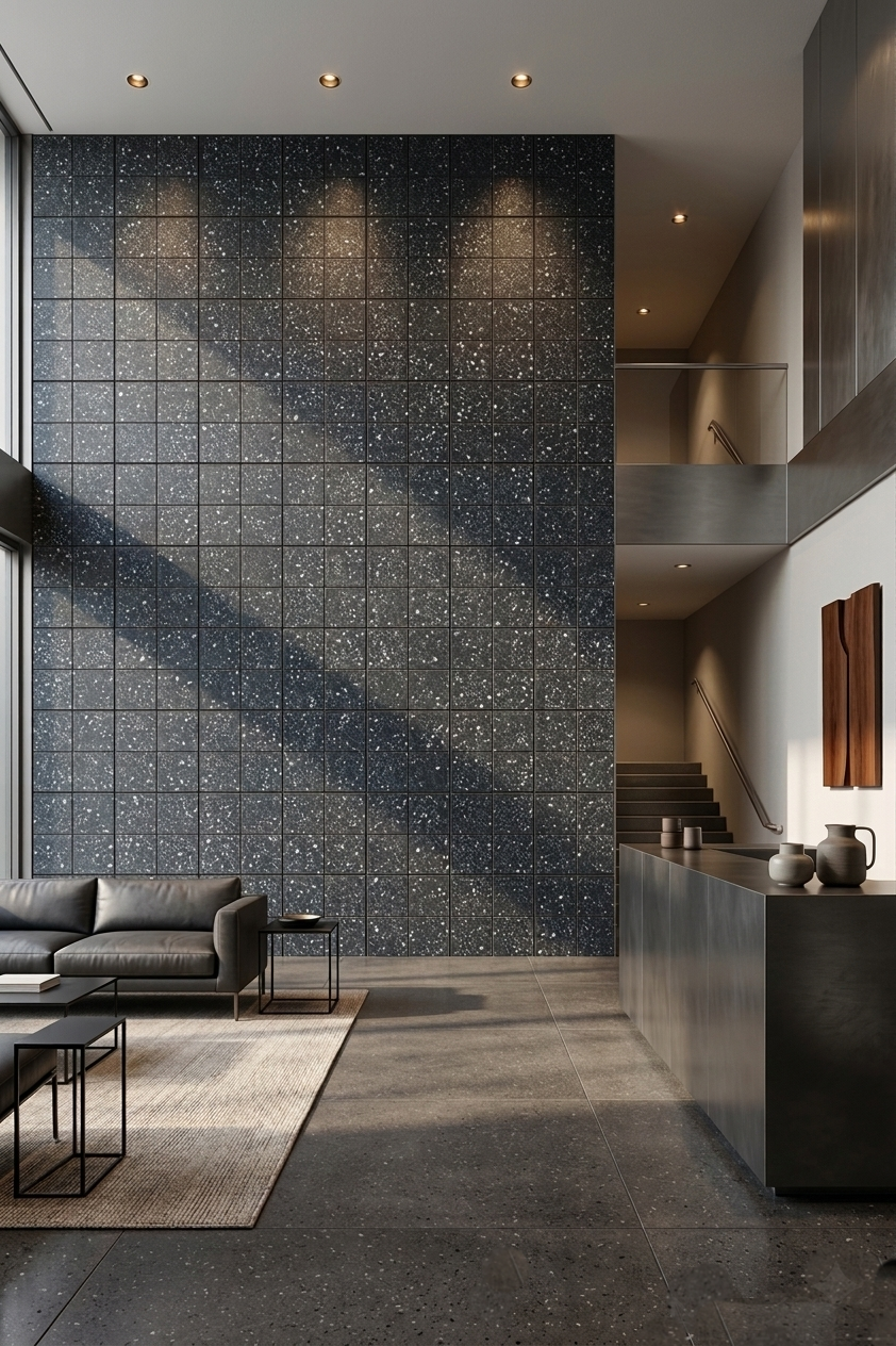 Modern loft-style living room with high ceilings, large speckled tile accent wall, dark furniture, a gray sectional sofa, minimalist decor, and stairway leading to an upper level. Natural light streams in.