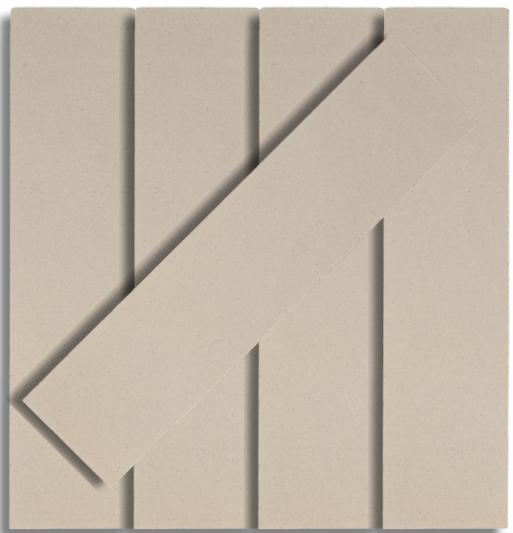 Four vertical beige rectangular panels are aligned side by side, with a fifth similar panel placed diagonally across the top, crossing the four. The background and panels are the same neutral beige color.