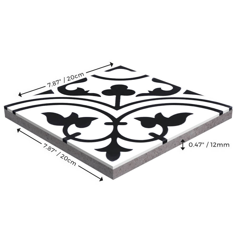 N20-045 White by New York Cement Tile: 7.87"x7.87", 0.47" thick, durable square tile with black & white floral design.