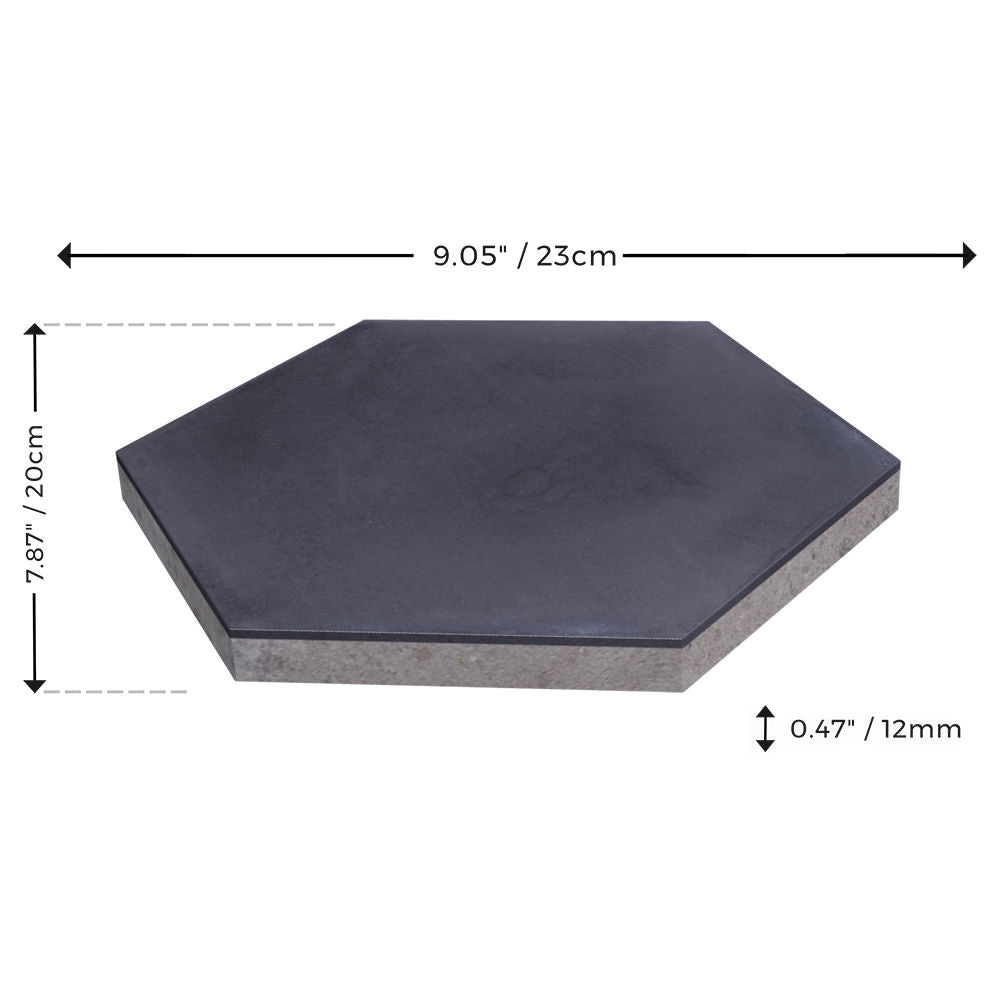 New York Cement Tile NH23-2200 Extra Sample: hexagonal black tile, 9.05" W x 7.87" H x 0.47" thick, labeled with arrows.