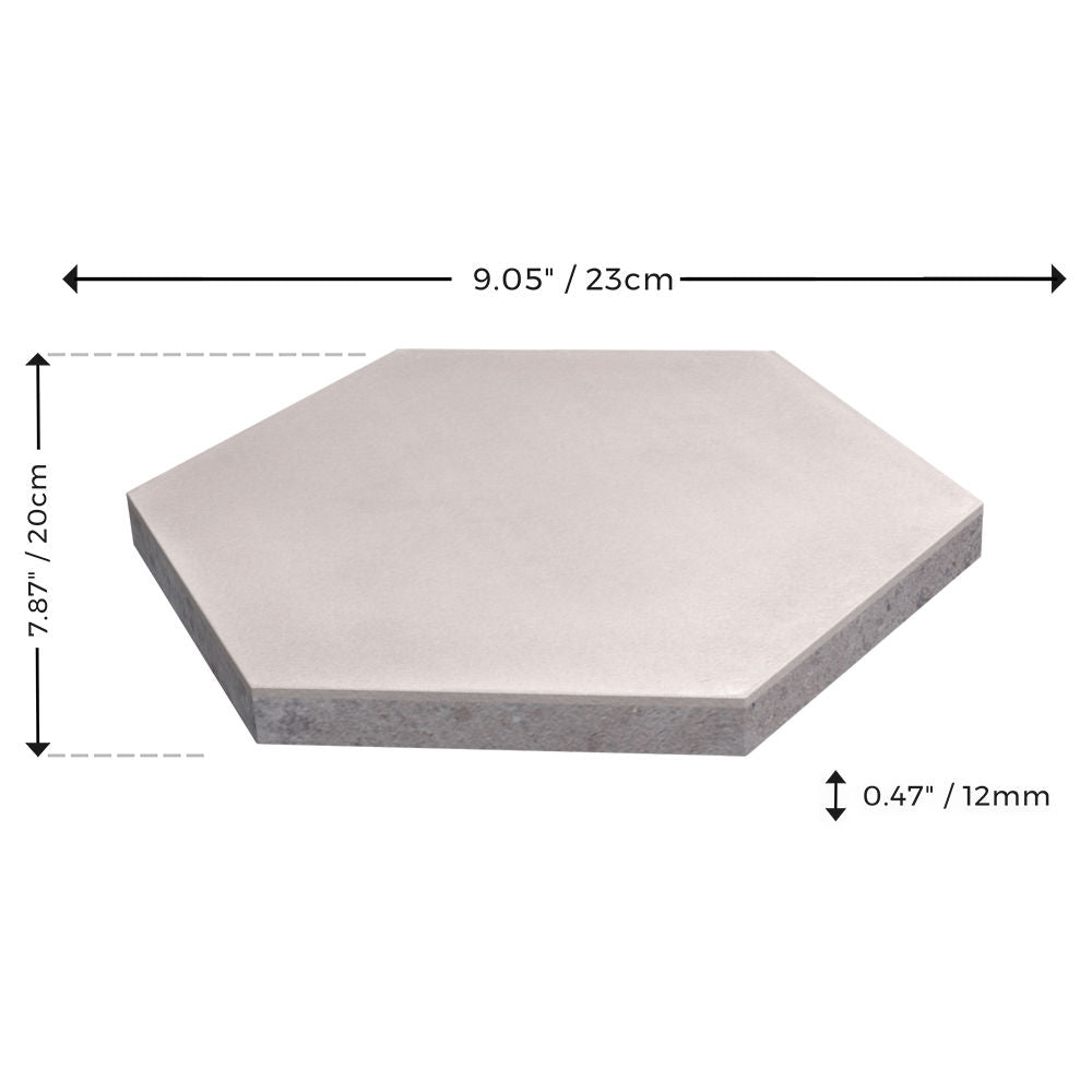 New York Cement Tile NH23-2205 Sample: Hex gray tile, 23cm wide, 20cm tall, 12mm thick.