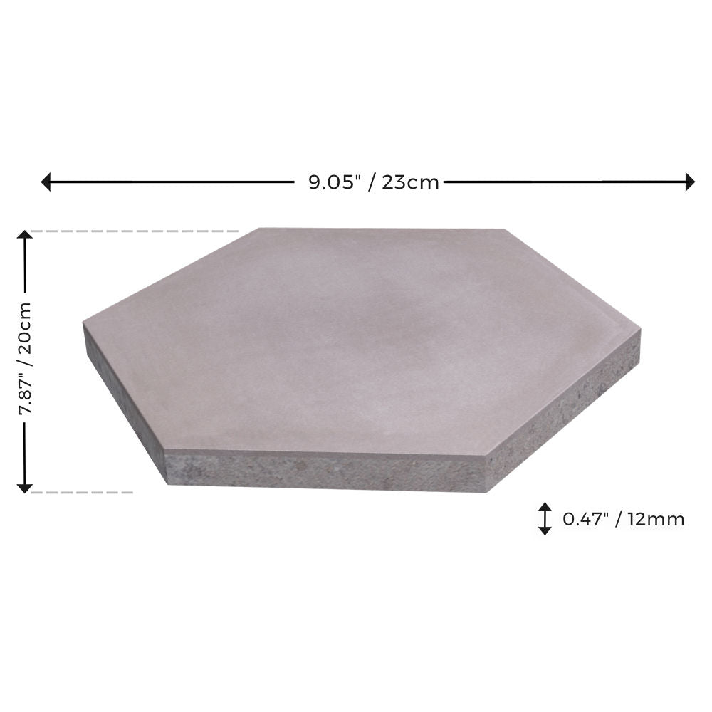 New York Cement Tile NH23-2207 Extra Sample: gray hex tile, 23cm wide, 20cm high, 12mm thick.