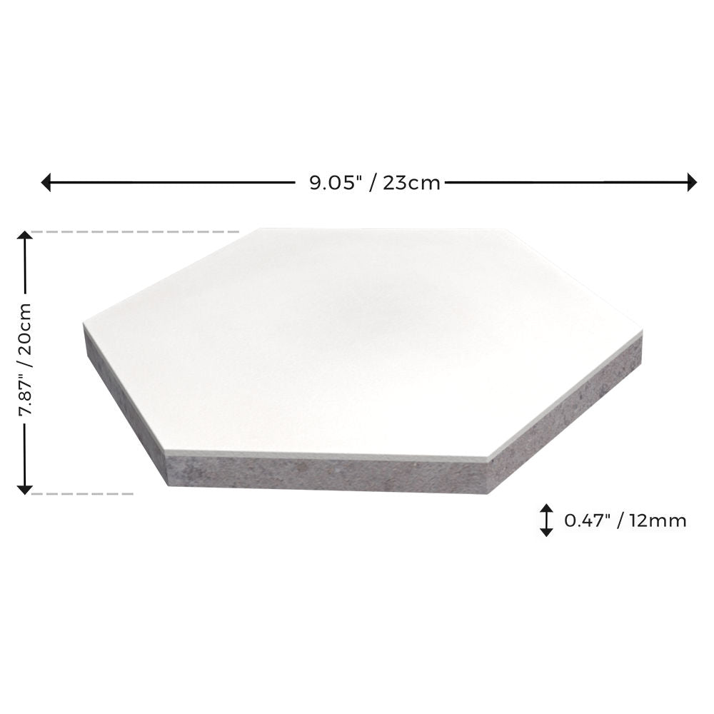 New York Cement Tile NH23-2222 Sample: white hex tile, 9.05"×7.87", 0.47" thick, labeled dimensions shown.