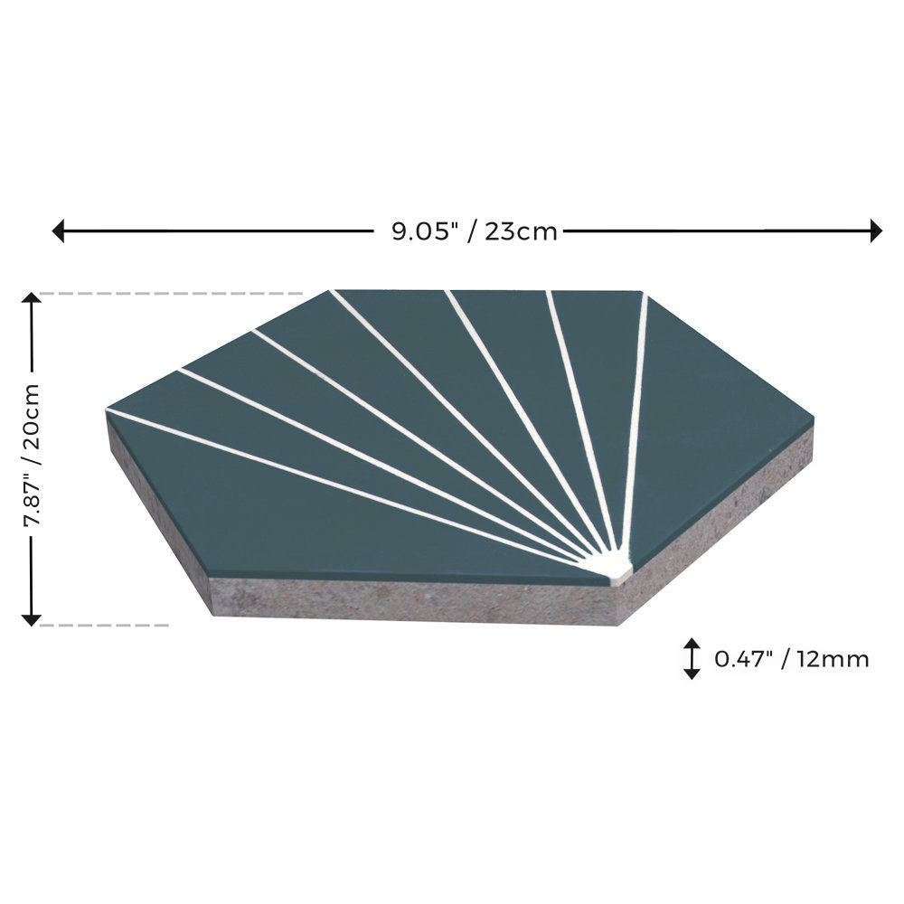 NH23-036 - 4455, a hex tile by New York Cement Tile, 23x20x1.2cm, dark green with white lines. Dimensions shown.