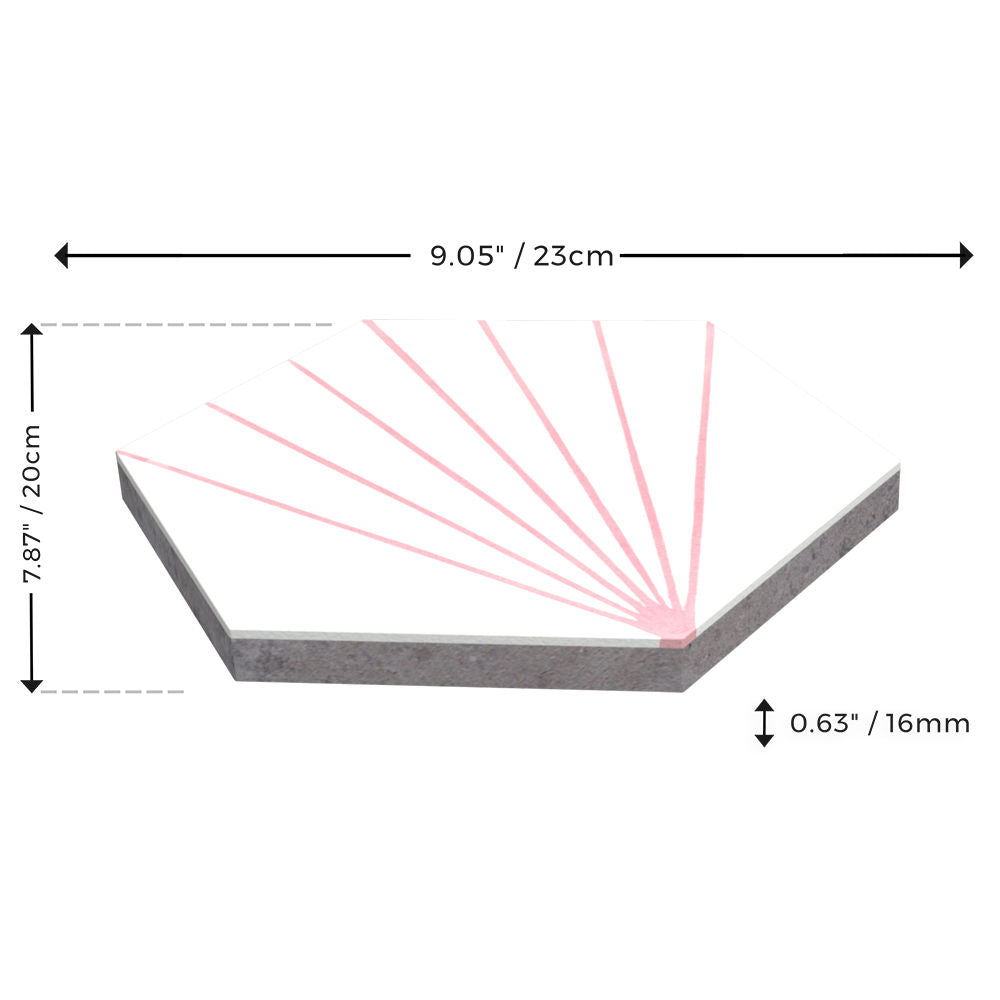 NH23-036 - 5512 Sample by New York Cement Tile: hexagonal tile, pink lines, 23x20x1.6cm, white background.