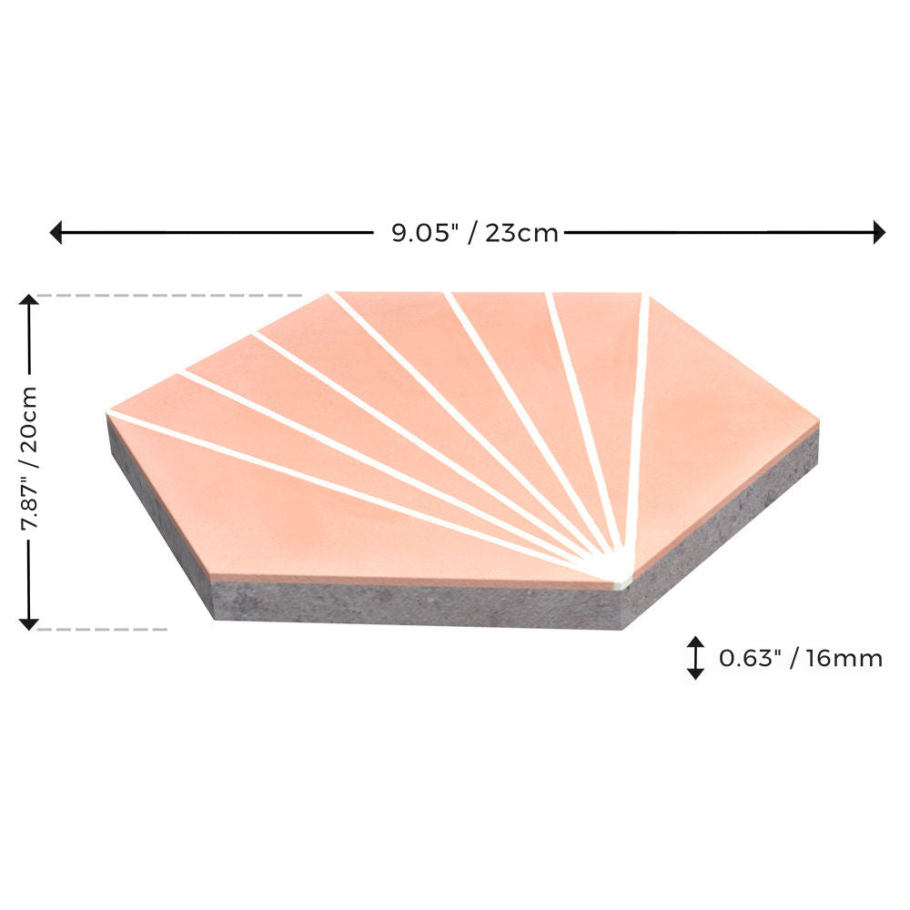 New York Cement Tile NH23-036-5505: pink hexagonal handmade slip-resistant tile, 9.05"x7.87"x0.63", white fan design.