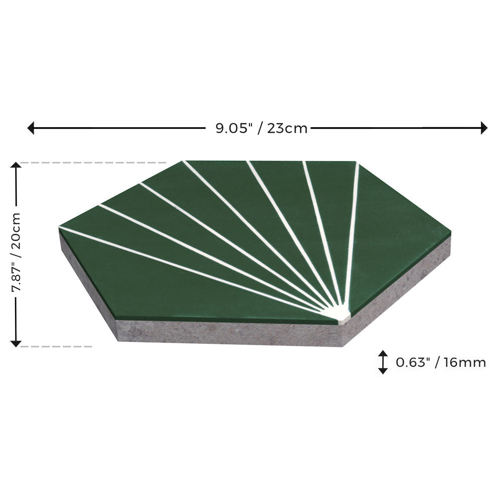 New York Cement Tile NH23-036 - 3314 sample: green hex tile with white fan pattern, 23x20x1.6 cm shown.