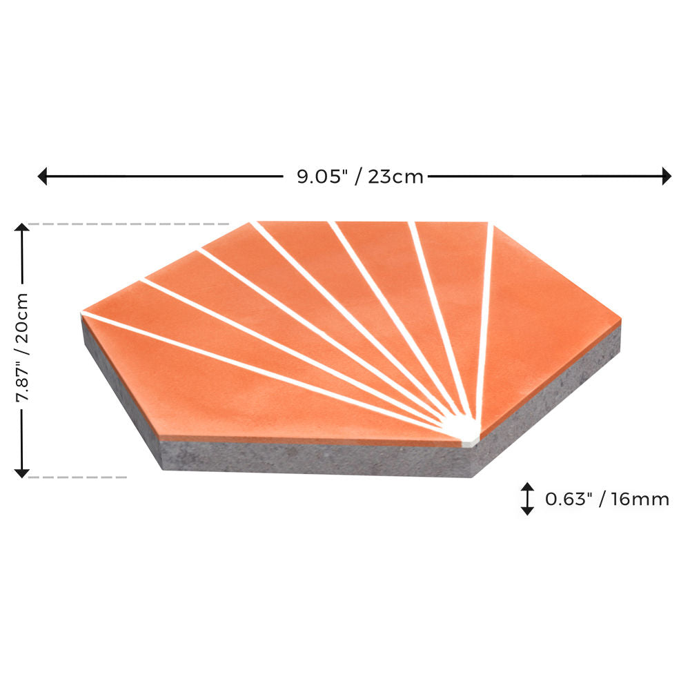 The New York Cement Tile NH23-036 - 7722 is a hexagonal orange tile with a white fan pattern, 9.05 x 7.87 x 0.63 in.