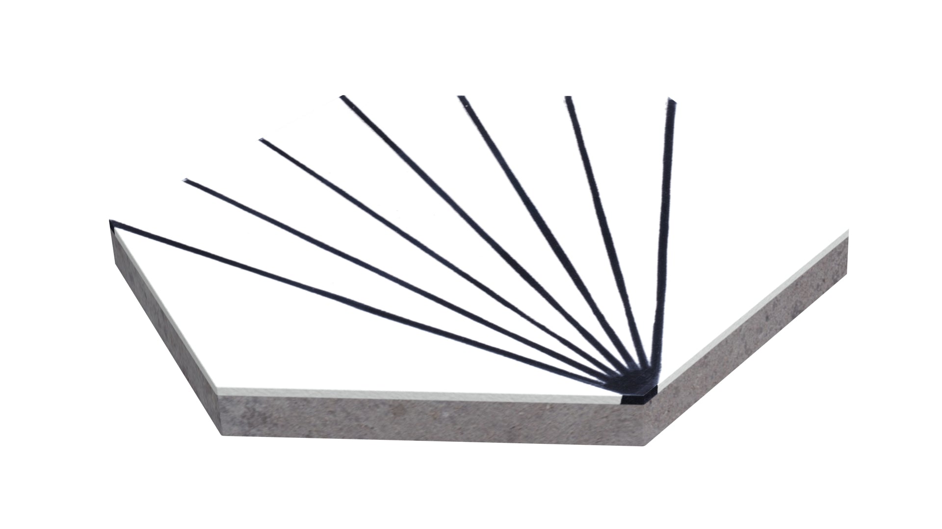 NH23-036 White by New York Cement Tile features handcrafted tiles arranged like fanned book pages with black lines.