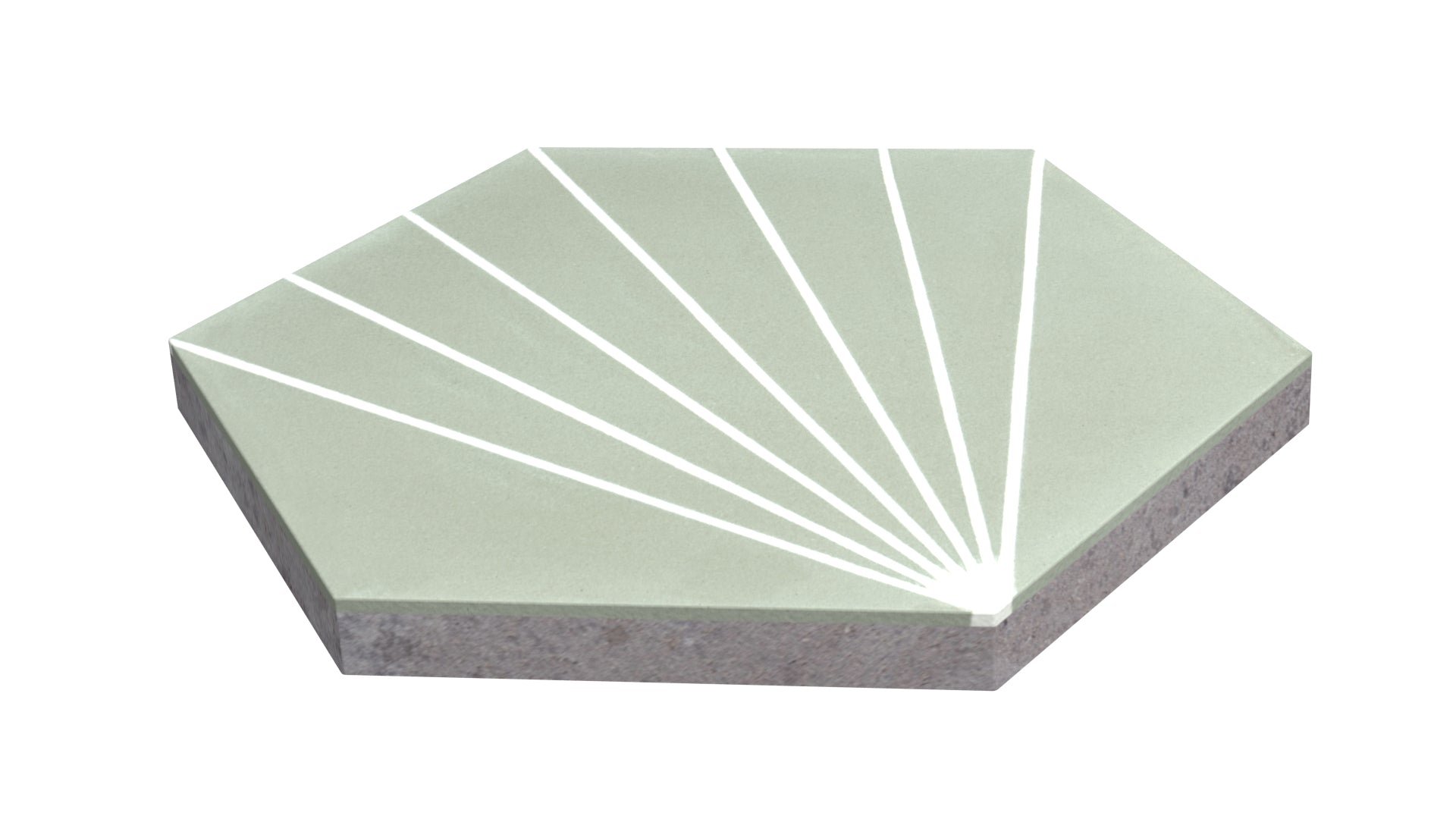 The NH23-036 - 3331 tile by New York Cement Tile is hexagonal, green, and features white fan-like geometric lines.