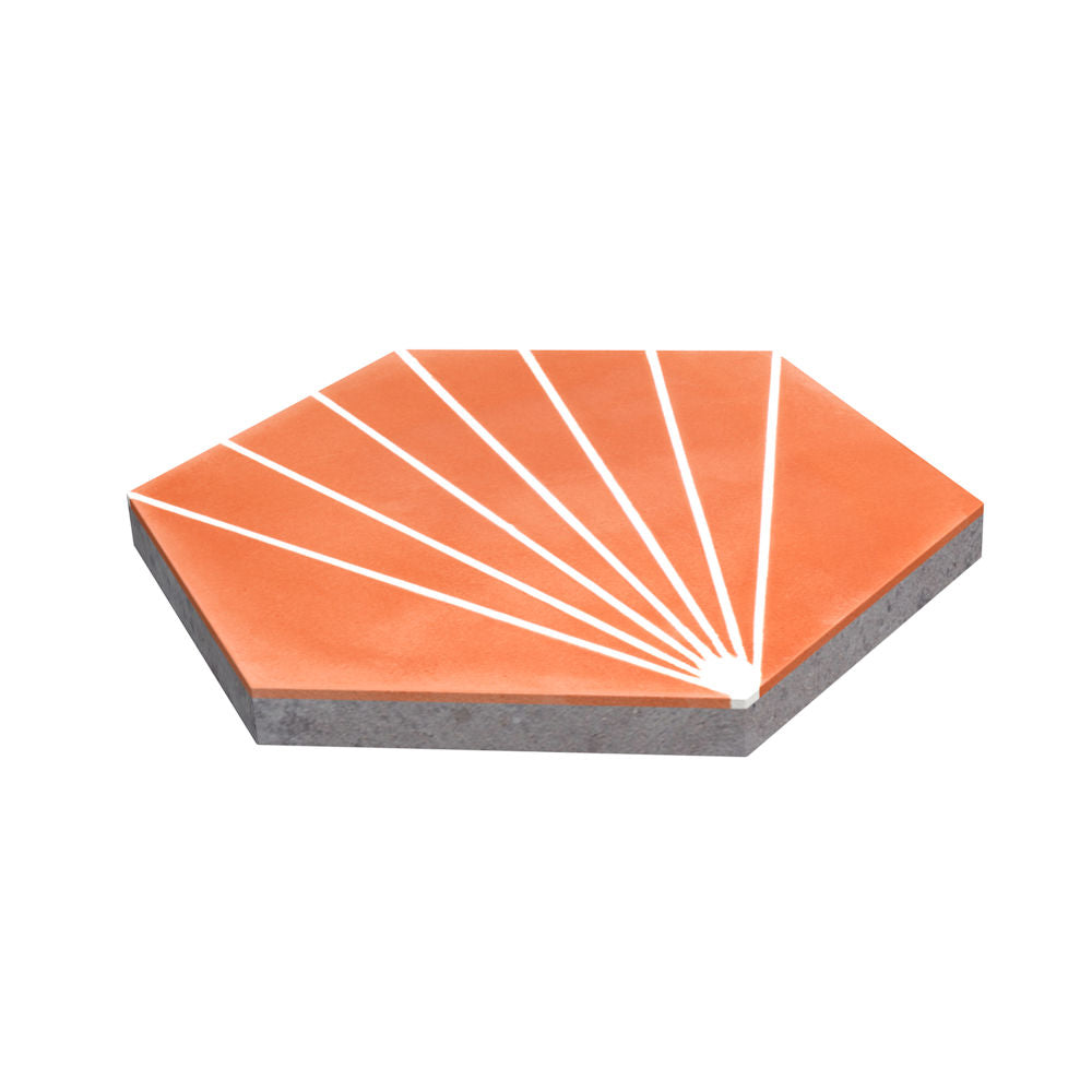The NH23-036 - 7722 by New York Cement Tile is a hexagonal orange tile with white sunrise lines, slip-resistant and stylish.