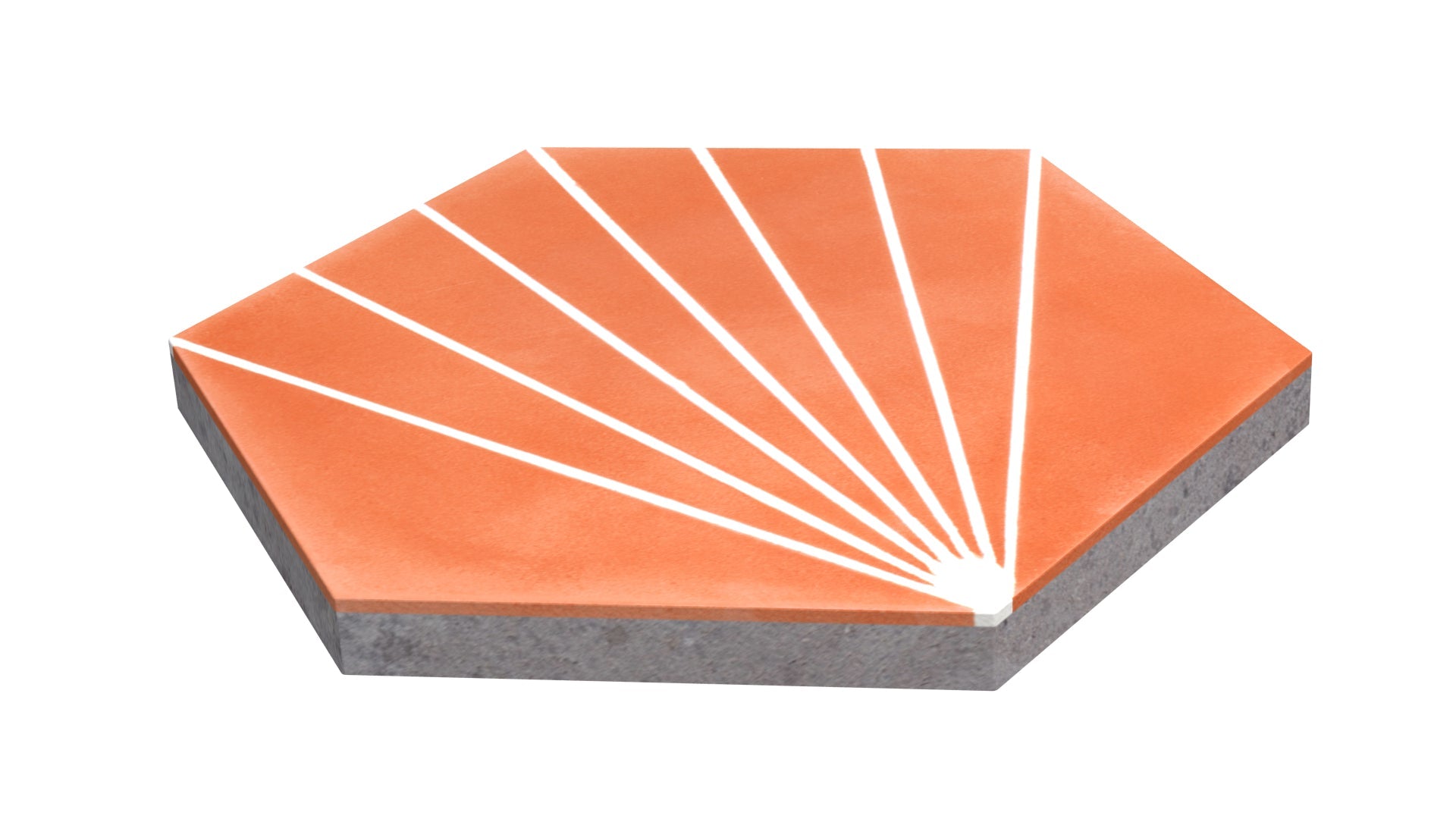 New York Cement Tile NH23-036 - 7722: Hexagonal orange tile with white sunburst lines radiating from one corner.