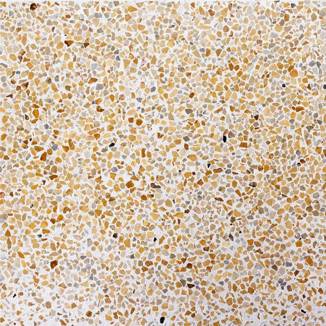 TERRAZZO 24X24-Cane by New York Cement Tile: small tan, yellow, brown chips in white terrazzo. Extra Sample available.