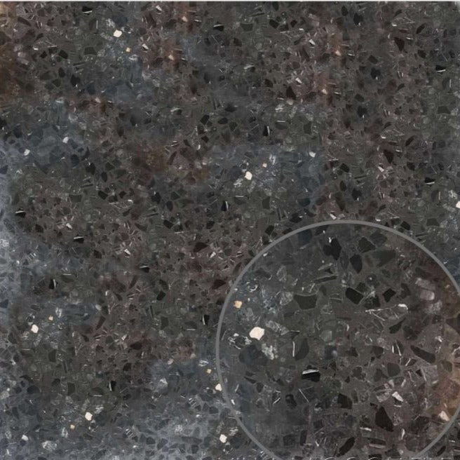 TERRAZZO 24X24 - Luxe Sample by New York Cement Tile features a dark, speckled, terrazzo-like mosaic appearance.