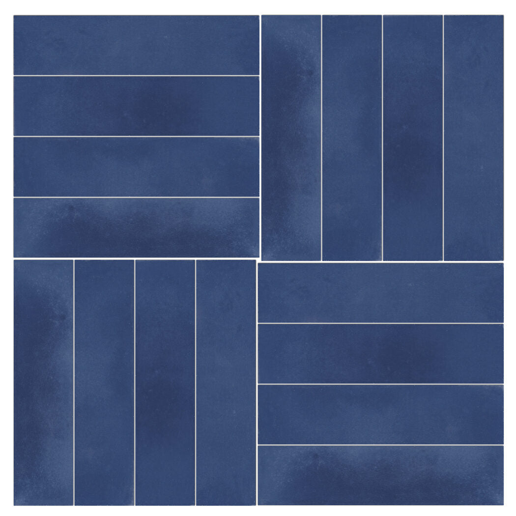Four 2x8 Solid Admiral tiles by New York Cement Tile arranged in alternating horizontal and vertical patterns.