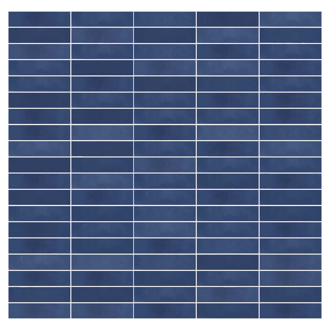 A grid of 2x8 Solid Admiral tiles by New York Cement Tile, dark blue with thin white grout in neat horizontal and vertical rows.