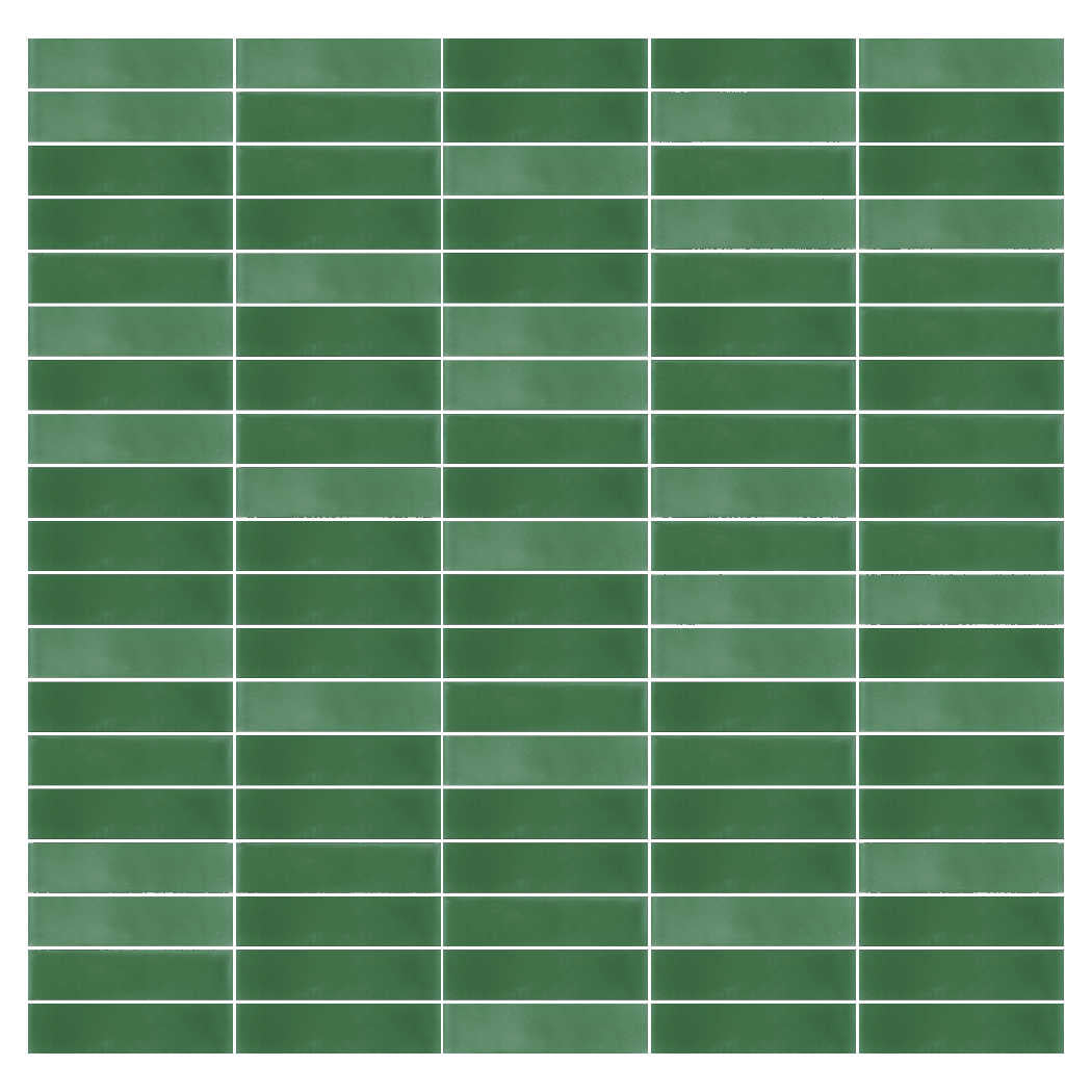 Grid of 2x8 Solid Verdant Hills tiles by New York Cement Tile, green with white grout, aligned in rows.