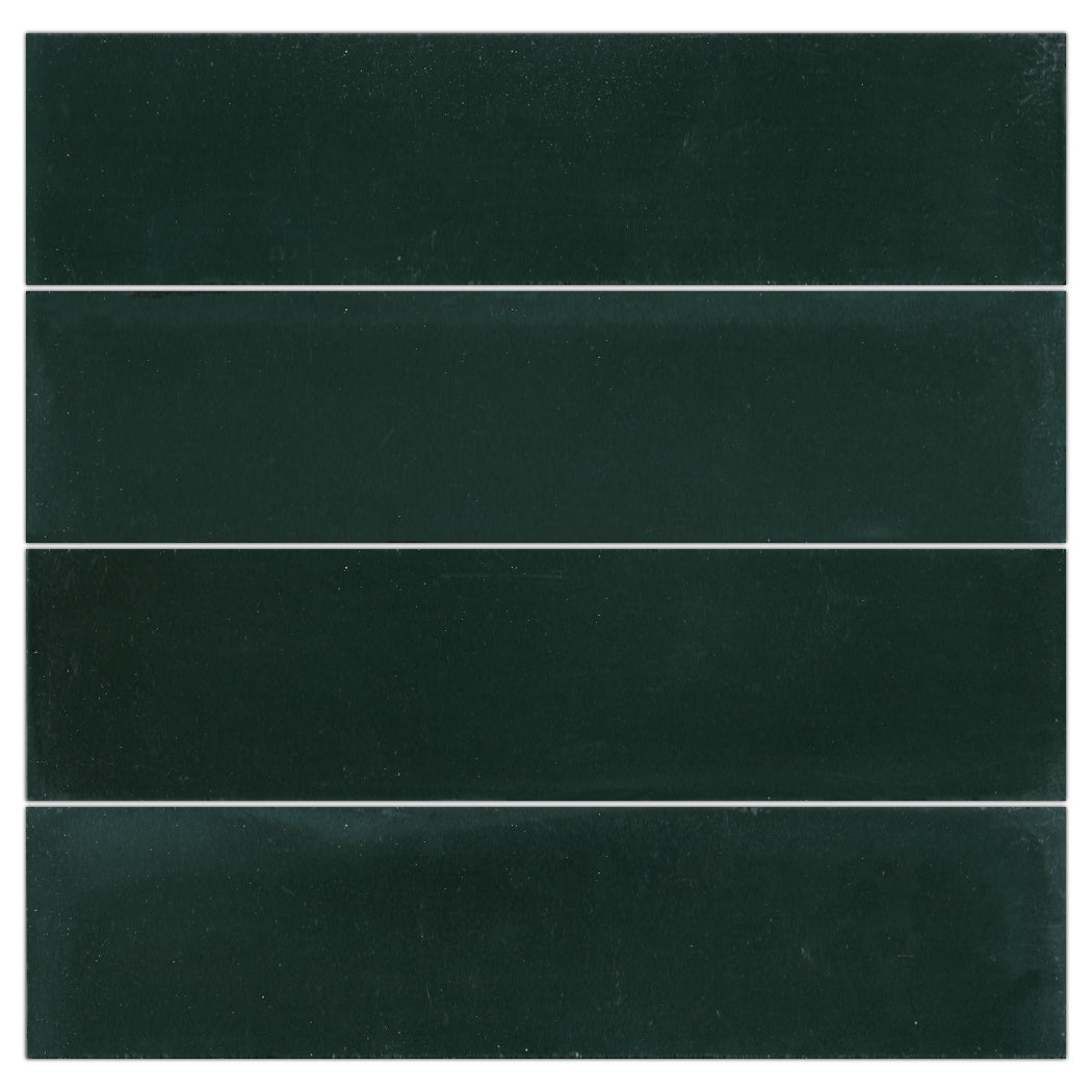 Four 2X8 Solid Forest Pine subway tiles by New York Cement Tile are arranged in parallel rows on a white background.