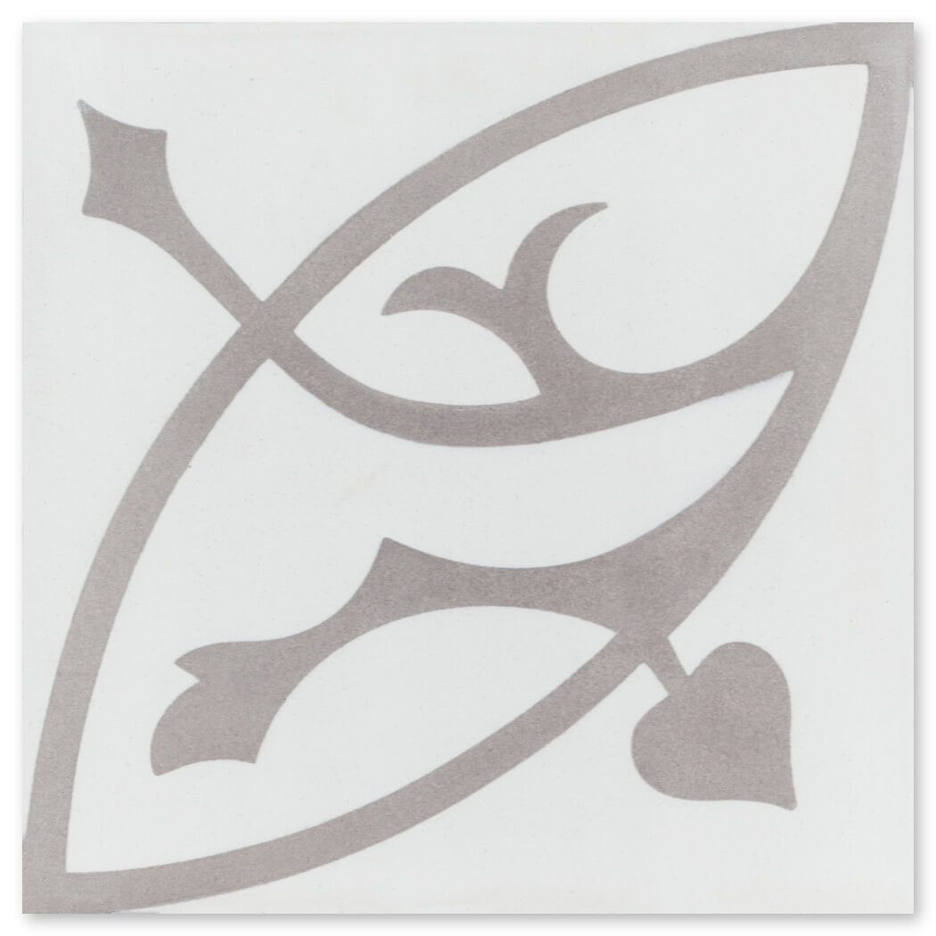 N20-019 Extra Sample by New York Cement Tile: a gray abstract leaf and vine pattern on a white, durable cement tile.