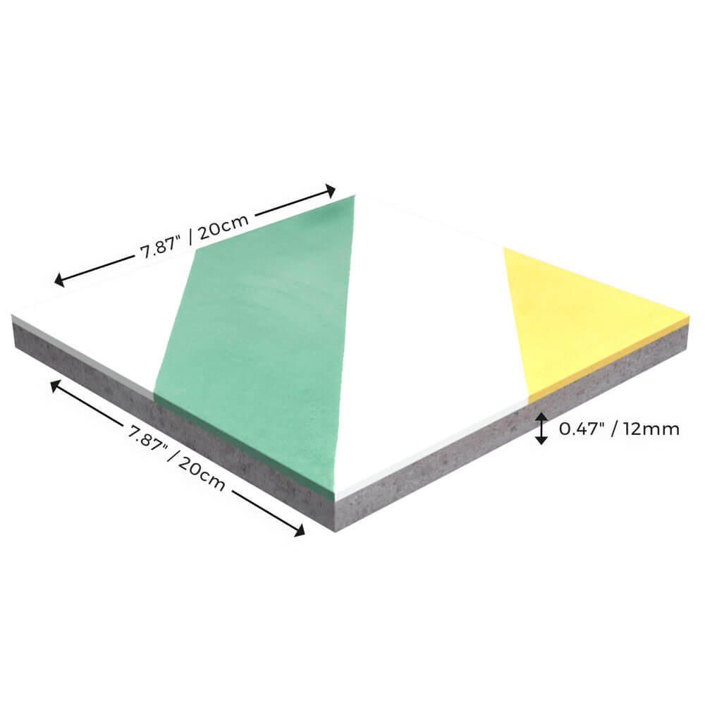 N20-215 WG&Y by New York Cement Tile: 20x20x1.2 cm square cement tile with green, white & yellow—durable flooring.