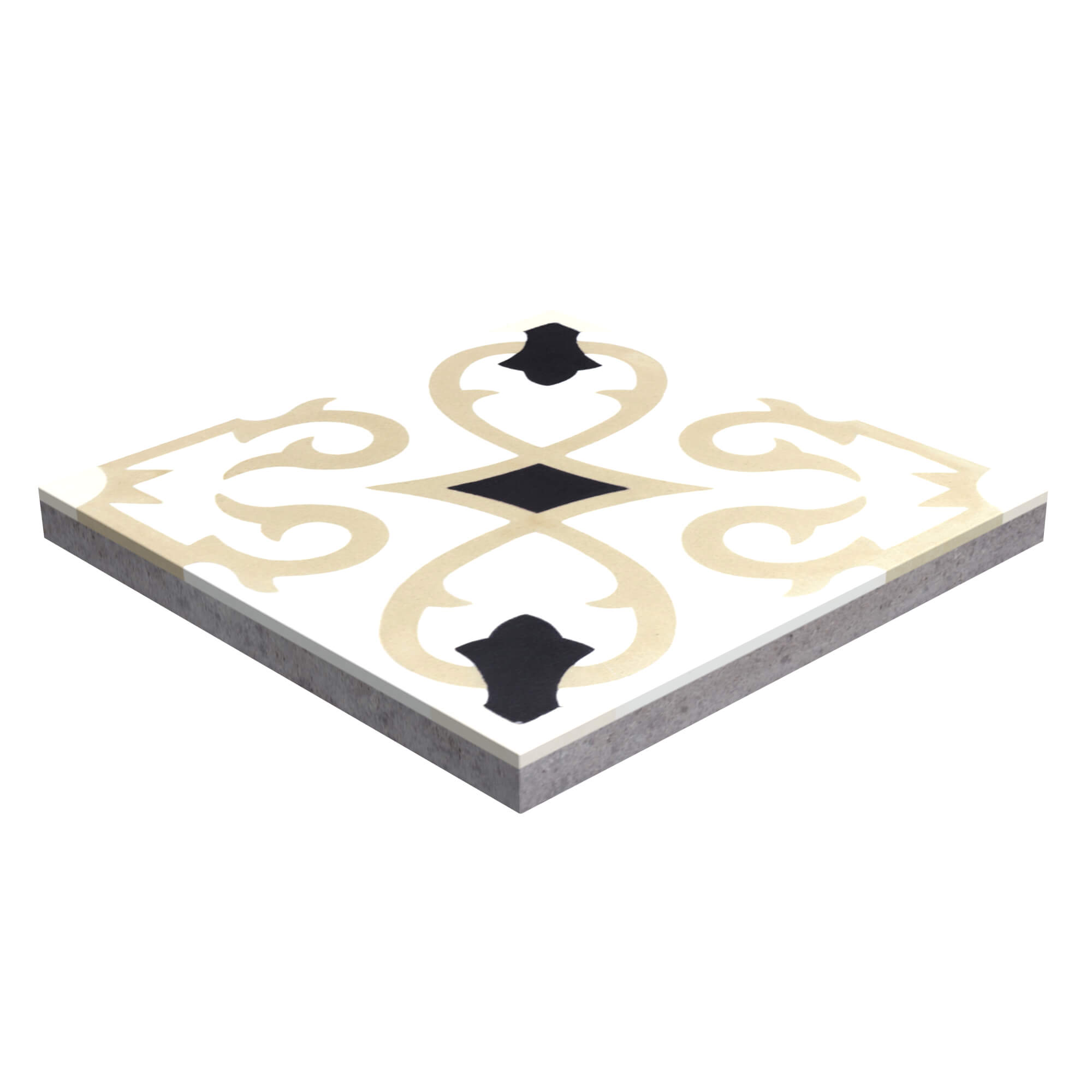 The Charlotte Primero Sample by New York Cement Tile is a square cement tile with beige ornaments and black diamonds on white.