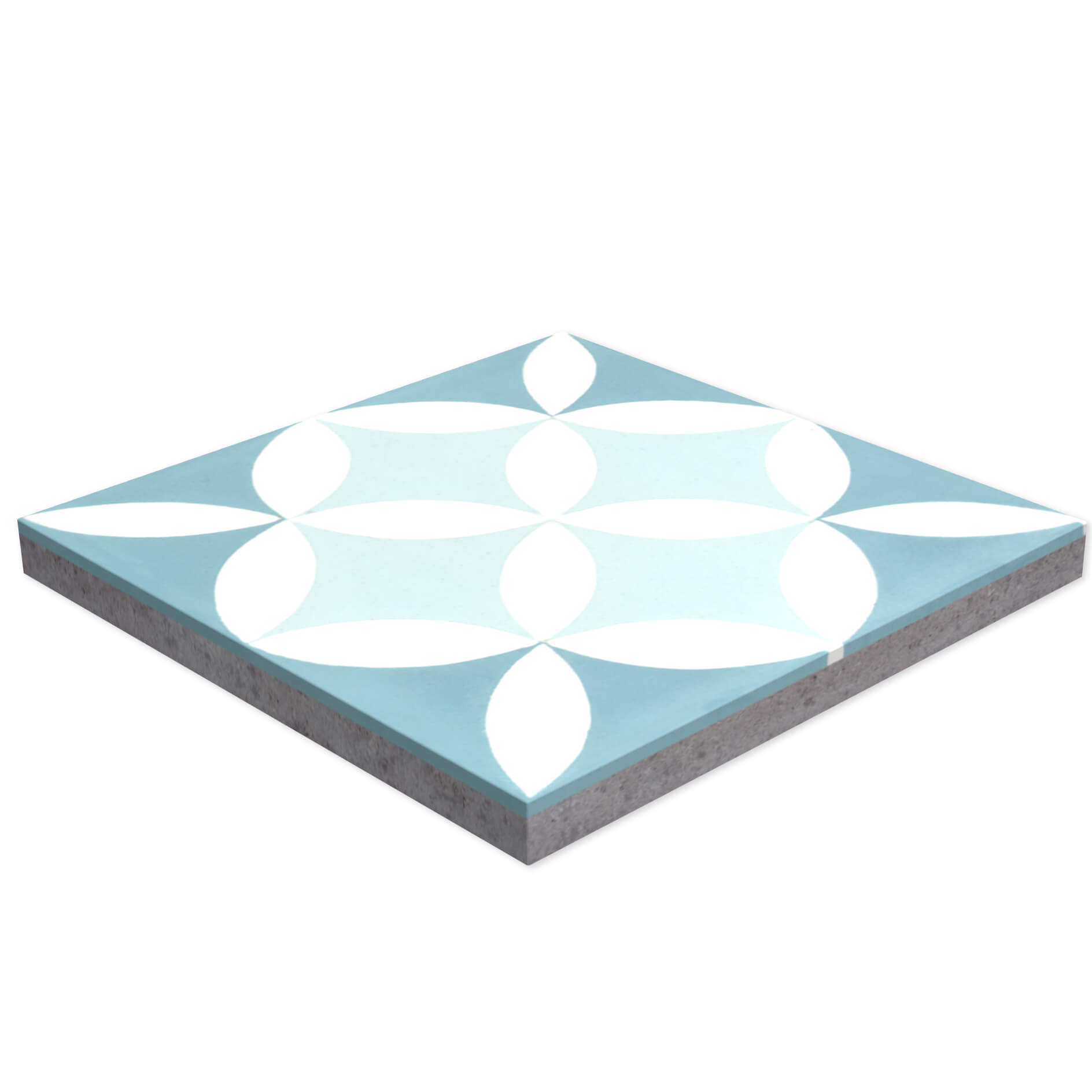 The N20-062 4400/2 by New York Cement Tile is a square blue tile with white petals, shown angled to highlight its craft.