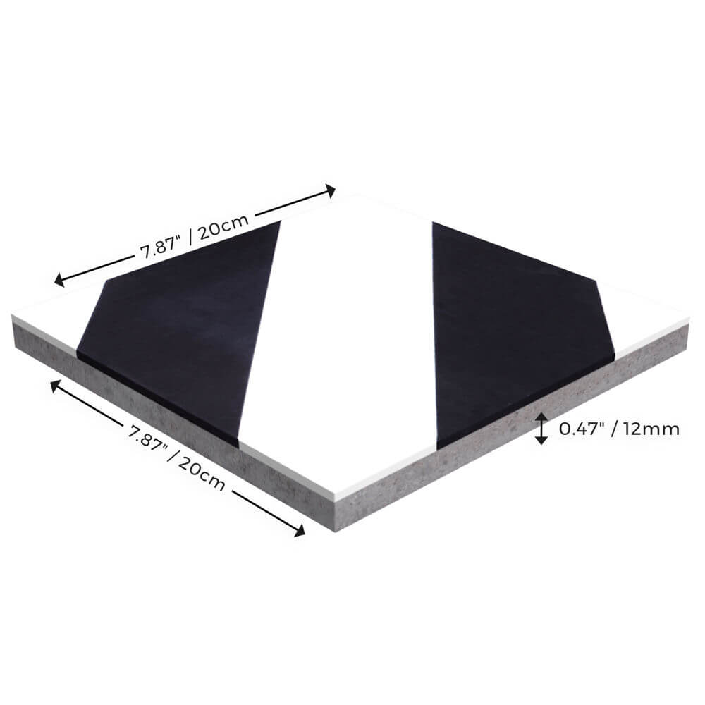 N20-232 B&W, Sample by New York Cement Tile: 20x20x1.2cm black & white geometric square cement tile, labeled dimensions.