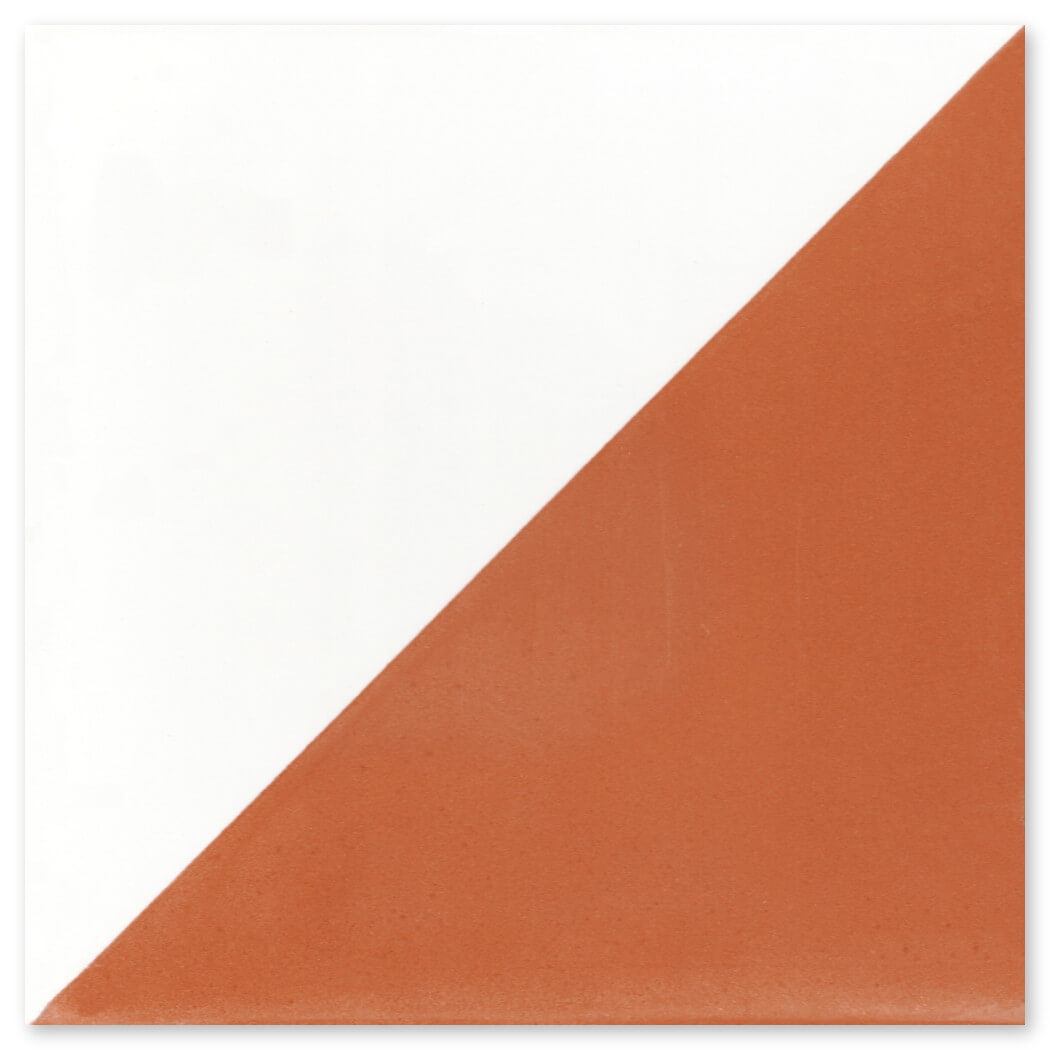 The N20-139 Terracotta & White Extra Sample by New York Cement Tile is a square tile split diagonally in white and terracotta.