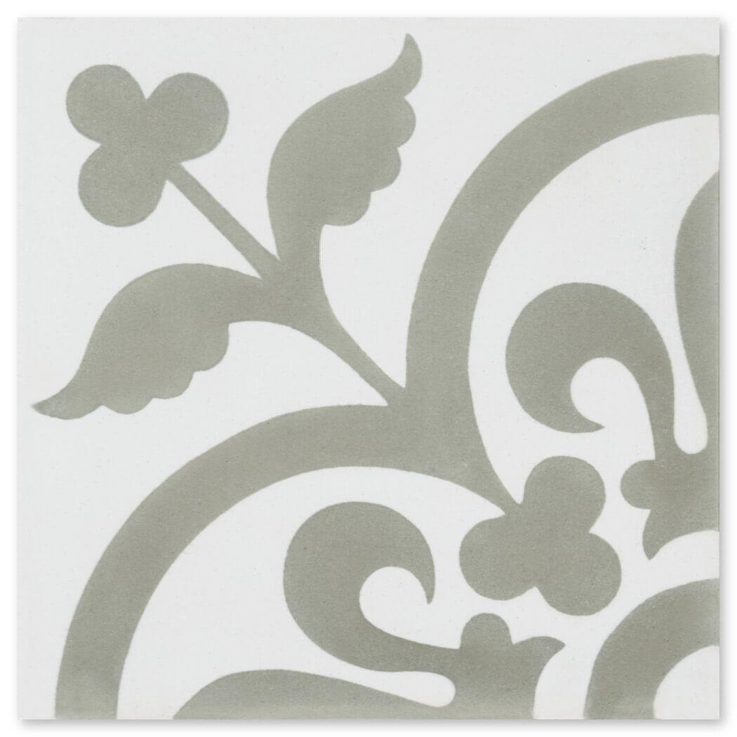 The N20-052 Grey & White tile by New York Cement Tile features a gray floral pattern on white for stylish, durable flooring.