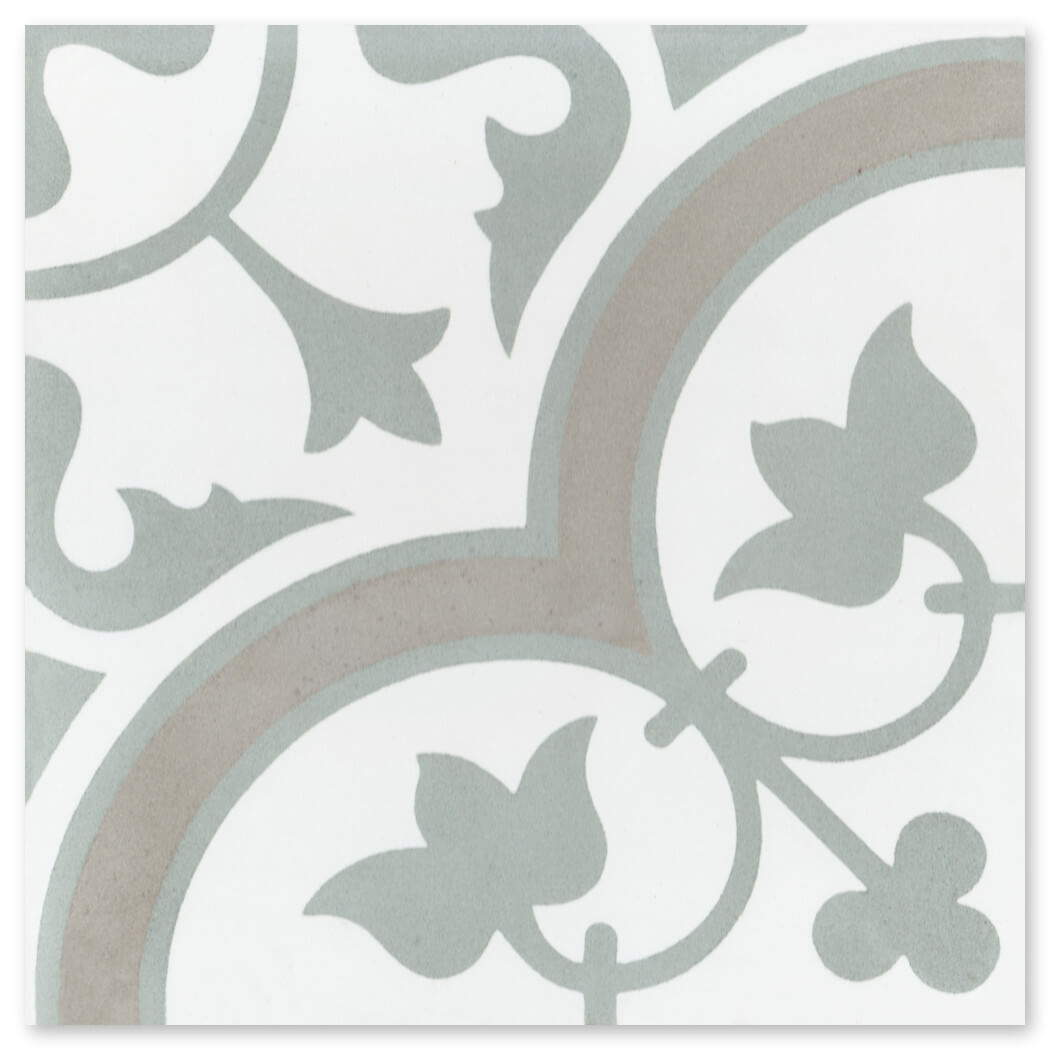 The N20-045 Vintage Grey Extra Sample by New York Cement Tile features light gray floral and vine patterns on white.