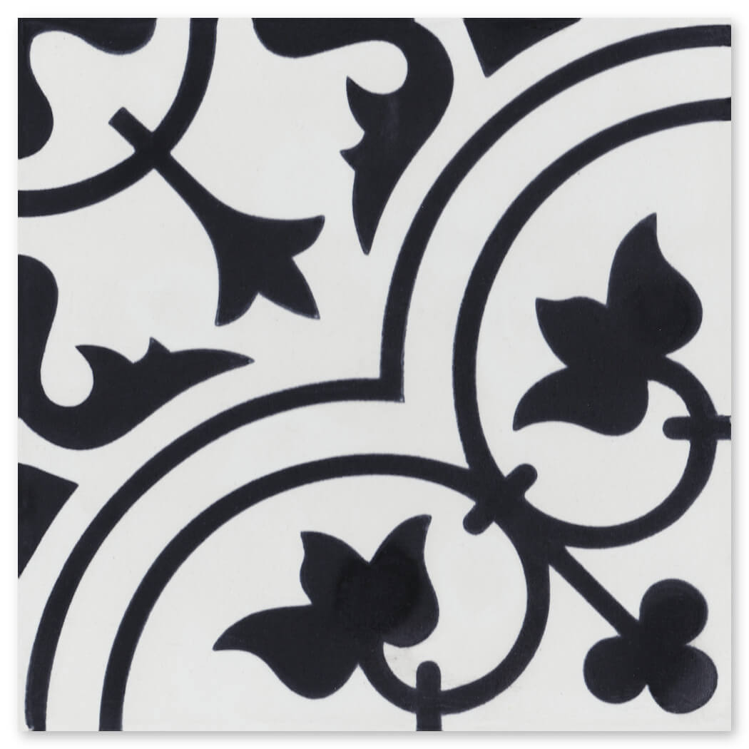 The N20-045 White, Extra Sample by New York Cement Tile features a bold black floral and vine pattern on white cement.