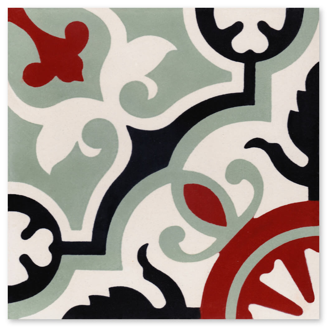 Vienna Bloom, Extra Sample by New York Cement Tile: bold black, white, green & red geometric floral cement tile.