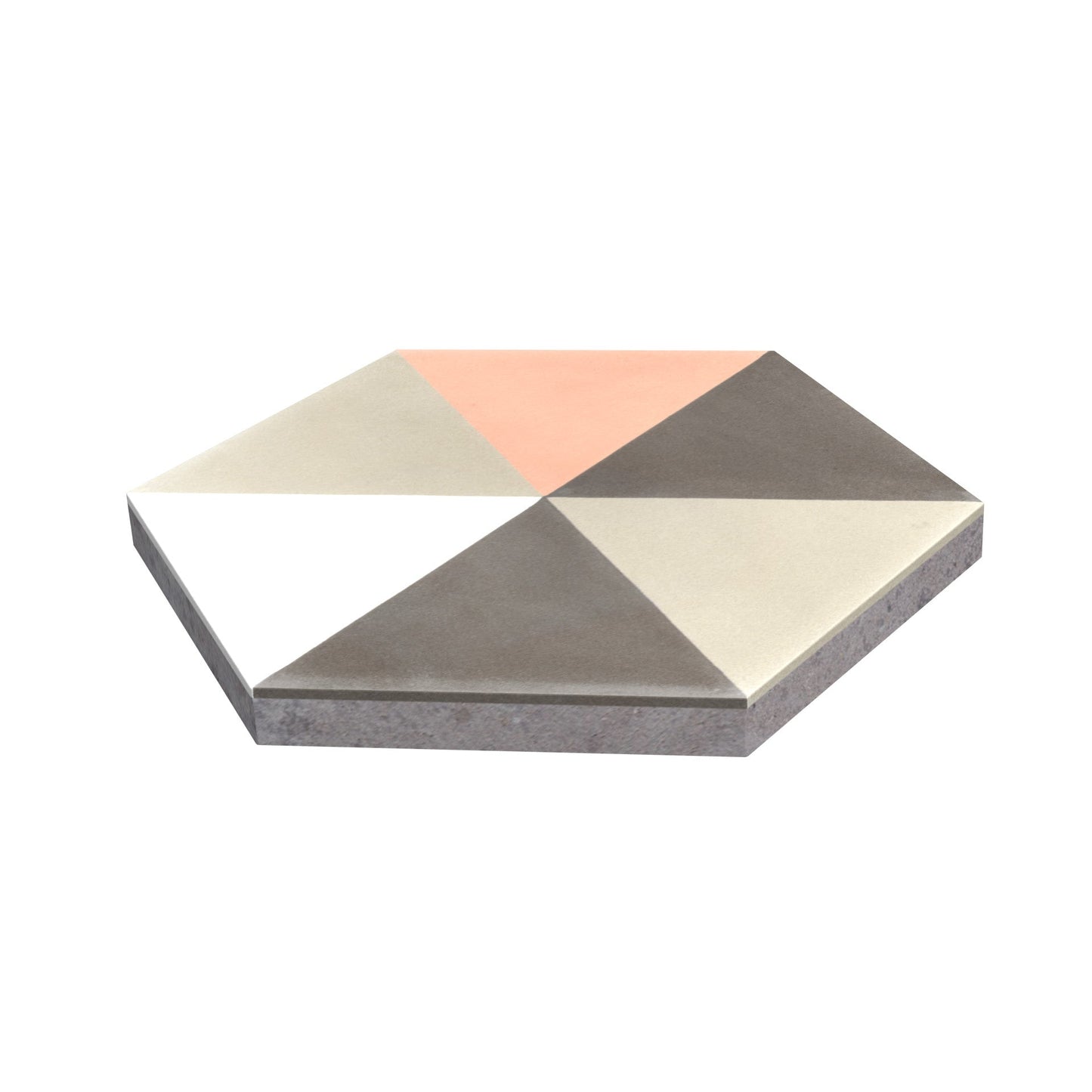 The Hex Pie Neapolitan Extra Sample by New York Cement Tile features six triangles in white, gray, beige, and peach tones.