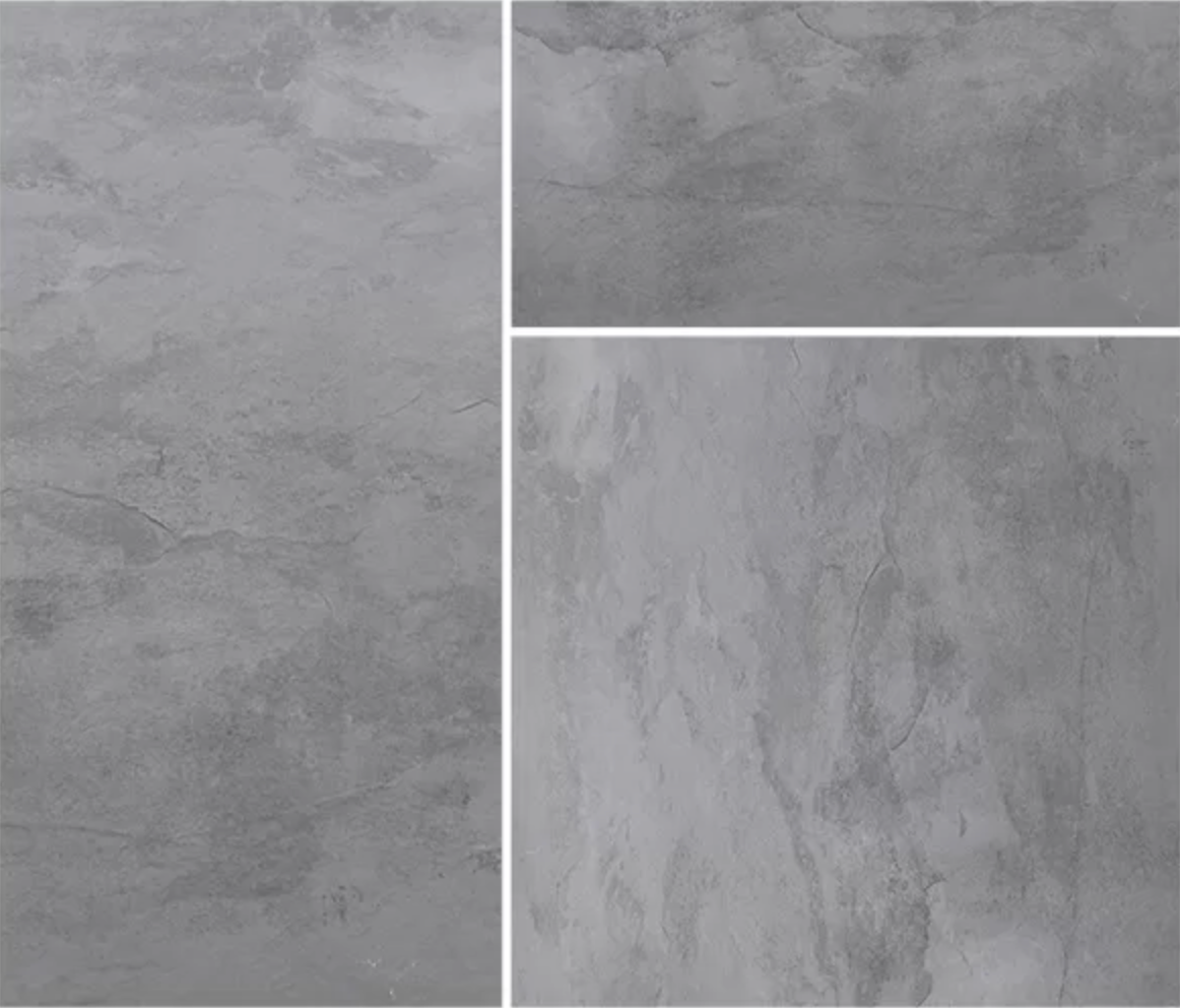 Three gray Ash - Modular Pattern Mini tiles by New York Cement Tile, each with subtle variations, divided by white lines.