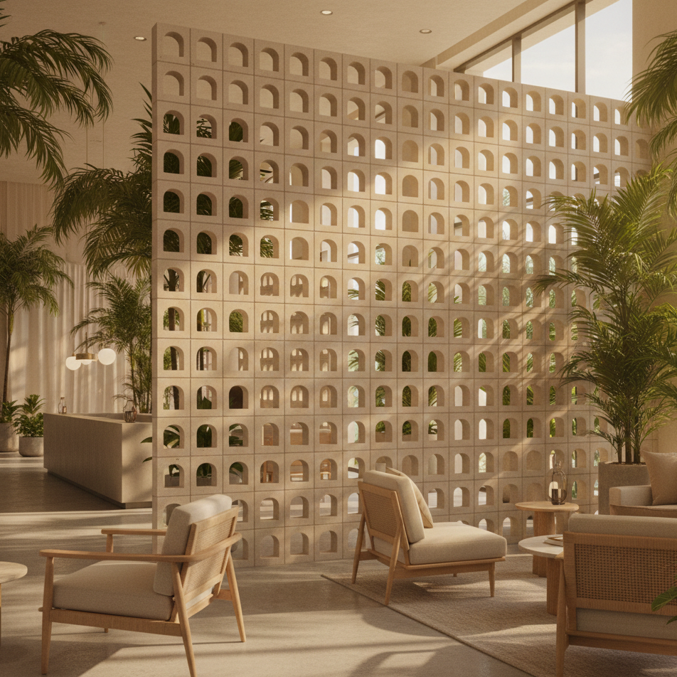 Modern lounge featuring Baff NY by New York Cement Tile: wooden chairs, tropical plants, and a stylish privacy partition.