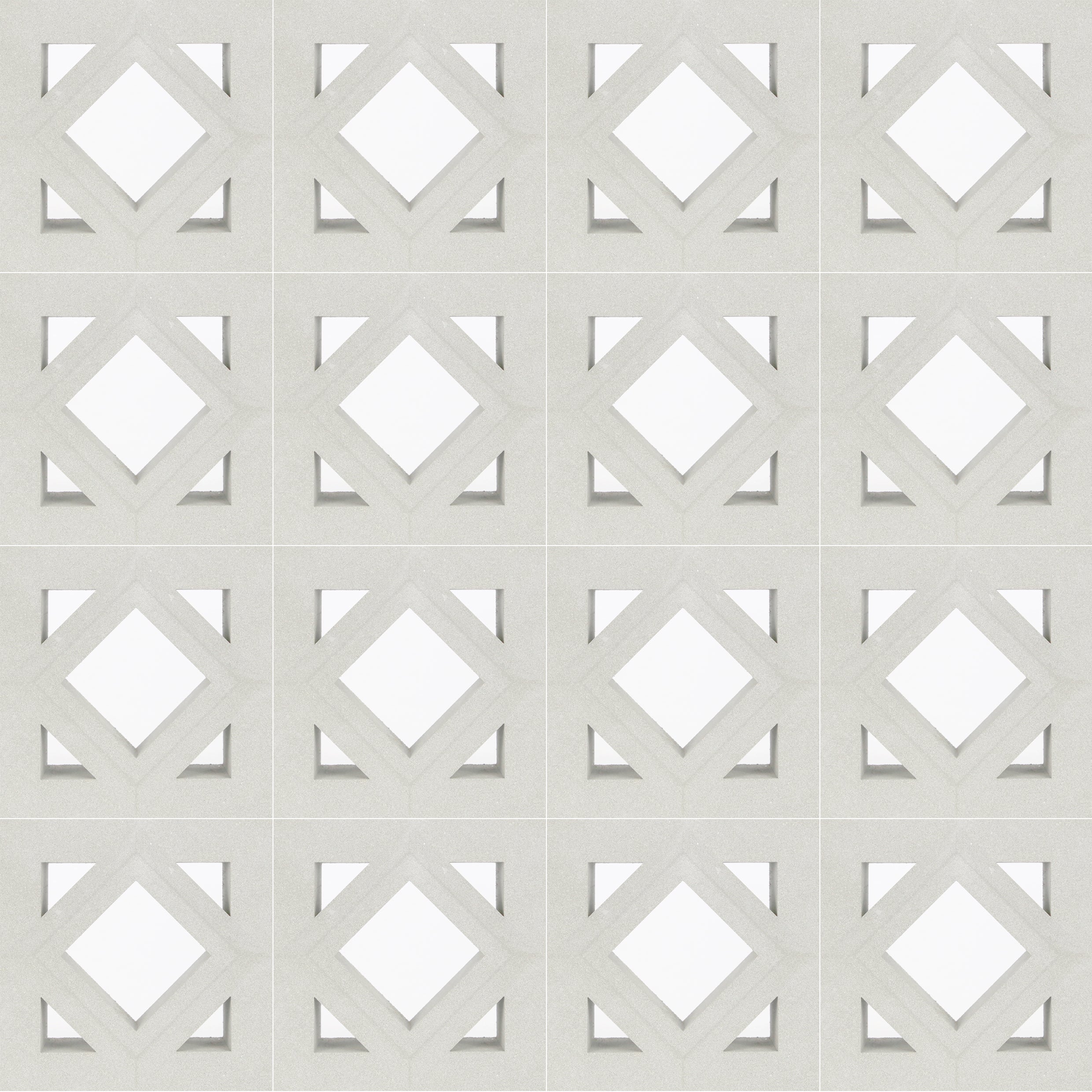 Antil Sample by New York Cement Tile features repeating white diamonds with shadowed borders, inspired by mid-century concrete blocks.