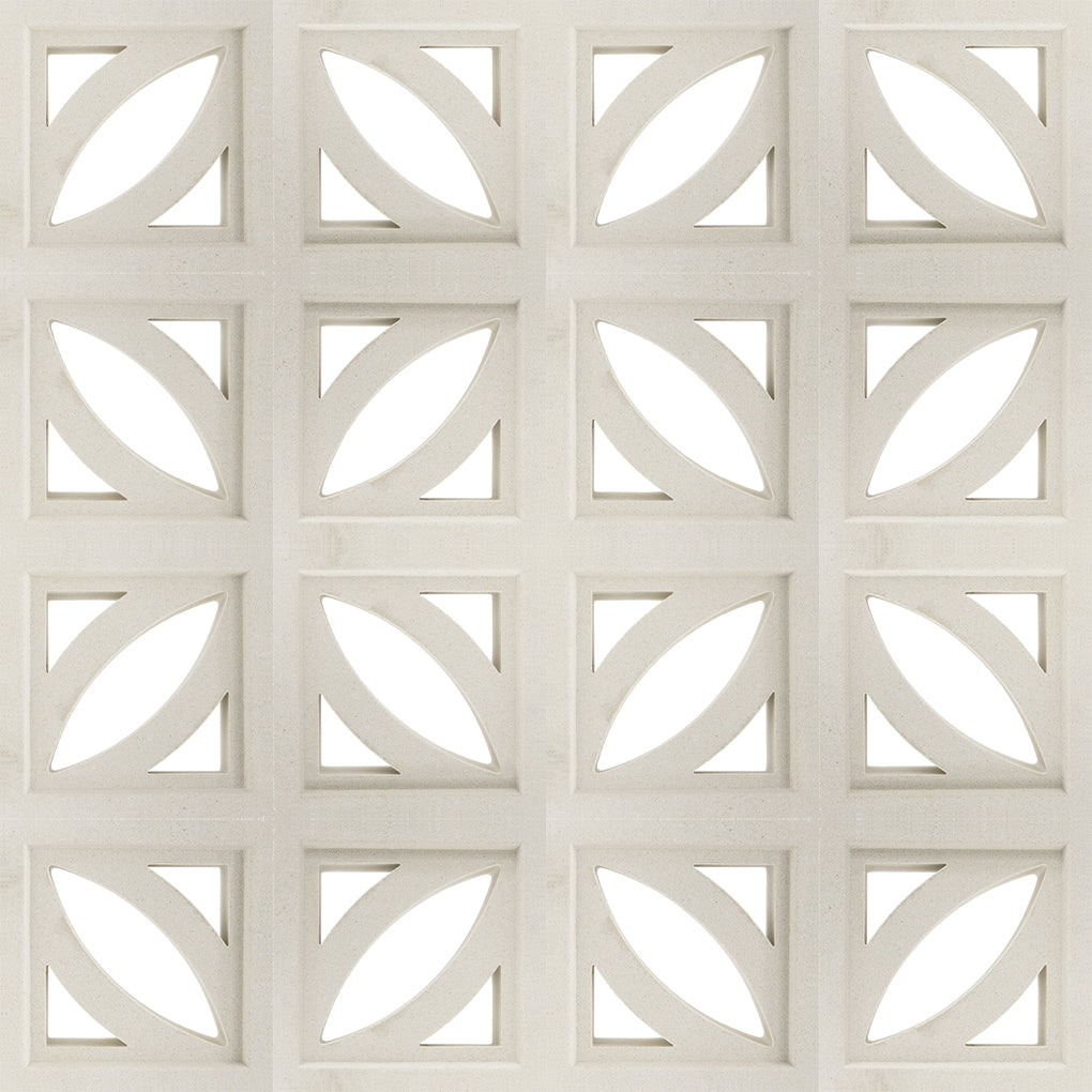 Coz by New York Cement Tile: square beige tiles with diamond cutouts and curves, inspired by mid-century breeze blocks.