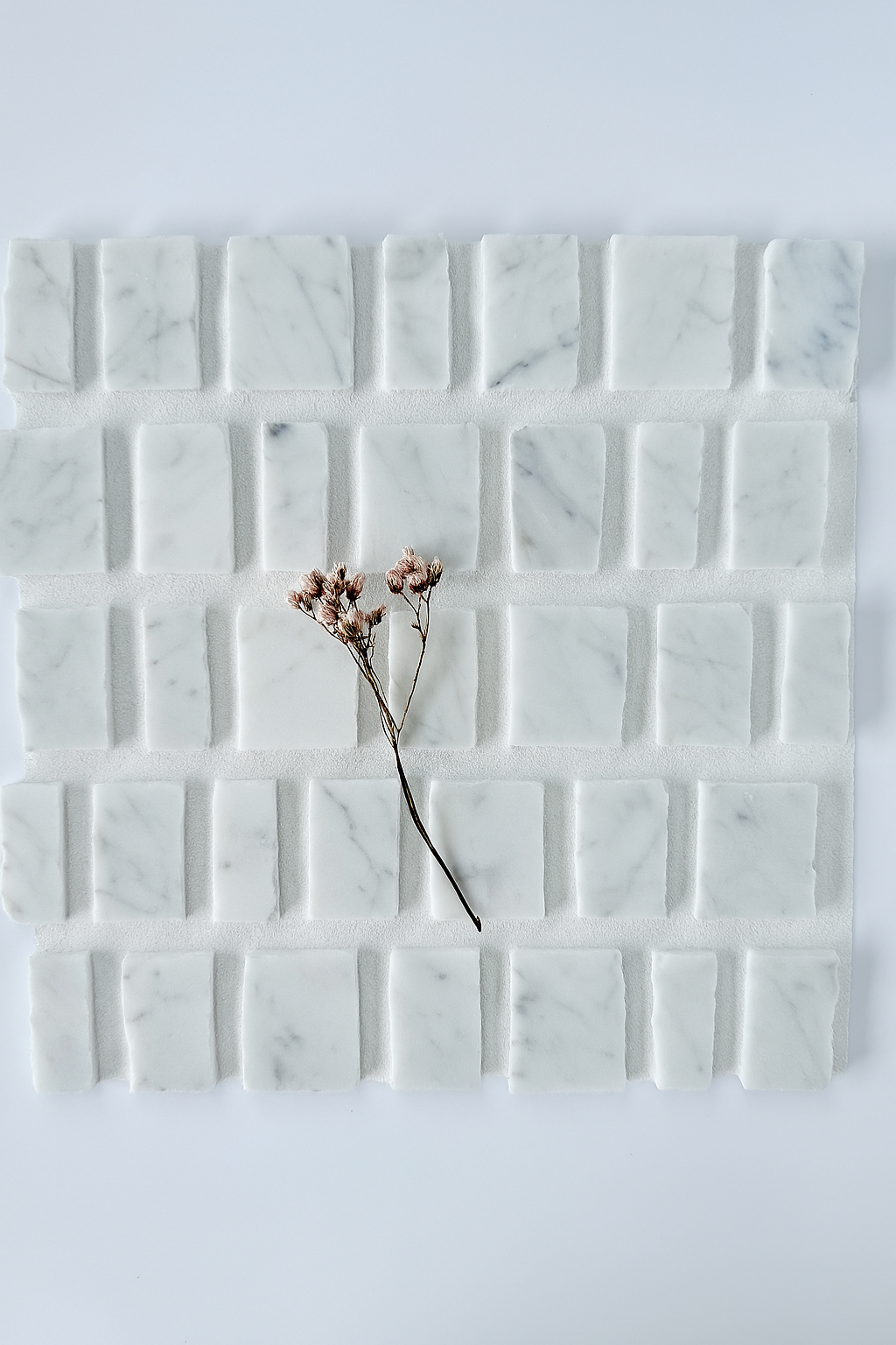 A small dried flower rests on Scarpa I Carrara Mosaic Marble Mesh by New York Cement Tile against a light background.