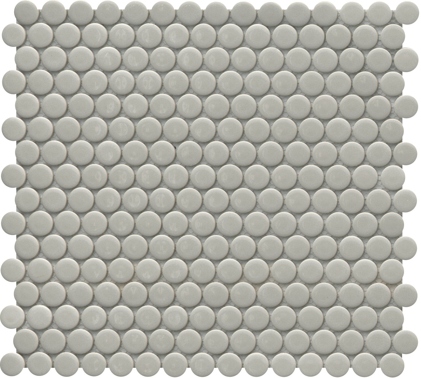 Fawn - Influence - Sample by New York Cement Tile: gray circular mosaic tile sheet with a glossy, retro-inspired finish.