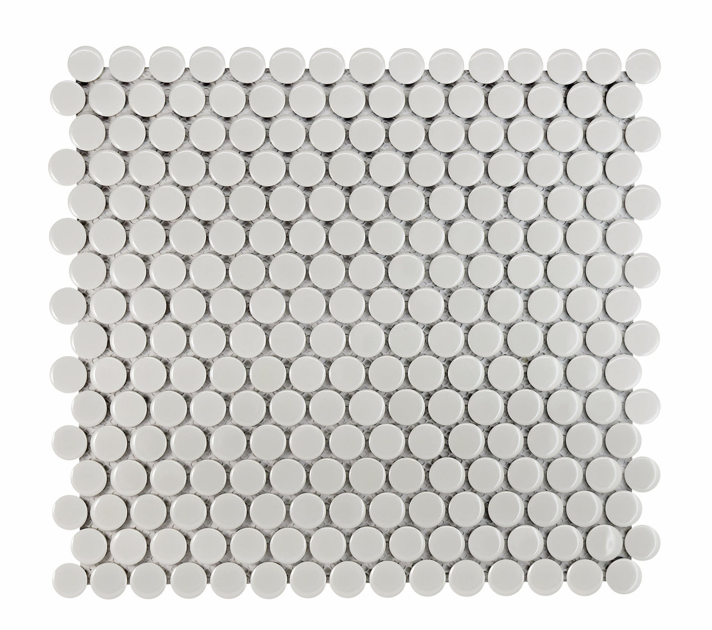 Gray circular penny tiles with a glossy finish by New York Cement Tile are arranged in a grid on a square mesh sheet.