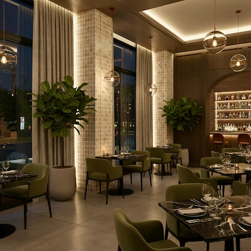 Scarpa I Travertine Arch Mosaic Marble Mesh by New York Cement Tile adds Italian flair to modern interiors with green chairs and a bar.