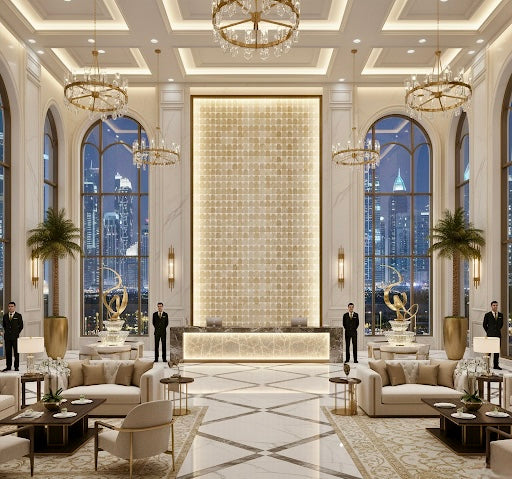 Experience luxury with Scarpa I Travertine Arch Mosaic Marble Mesh by New York Cement Tile in an elegant, city-view lobby.