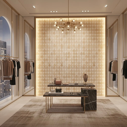Modern boutique with neutral-toned clothing, Scarpa I Travertine Arch Marble by New York Cement Tile, and geometric lighting.