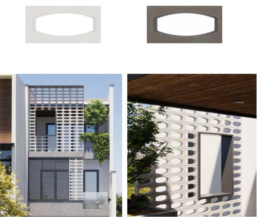 Modern building with a white Gili Rectangular facade by New York Cement Tile, featuring greenery and a window.
