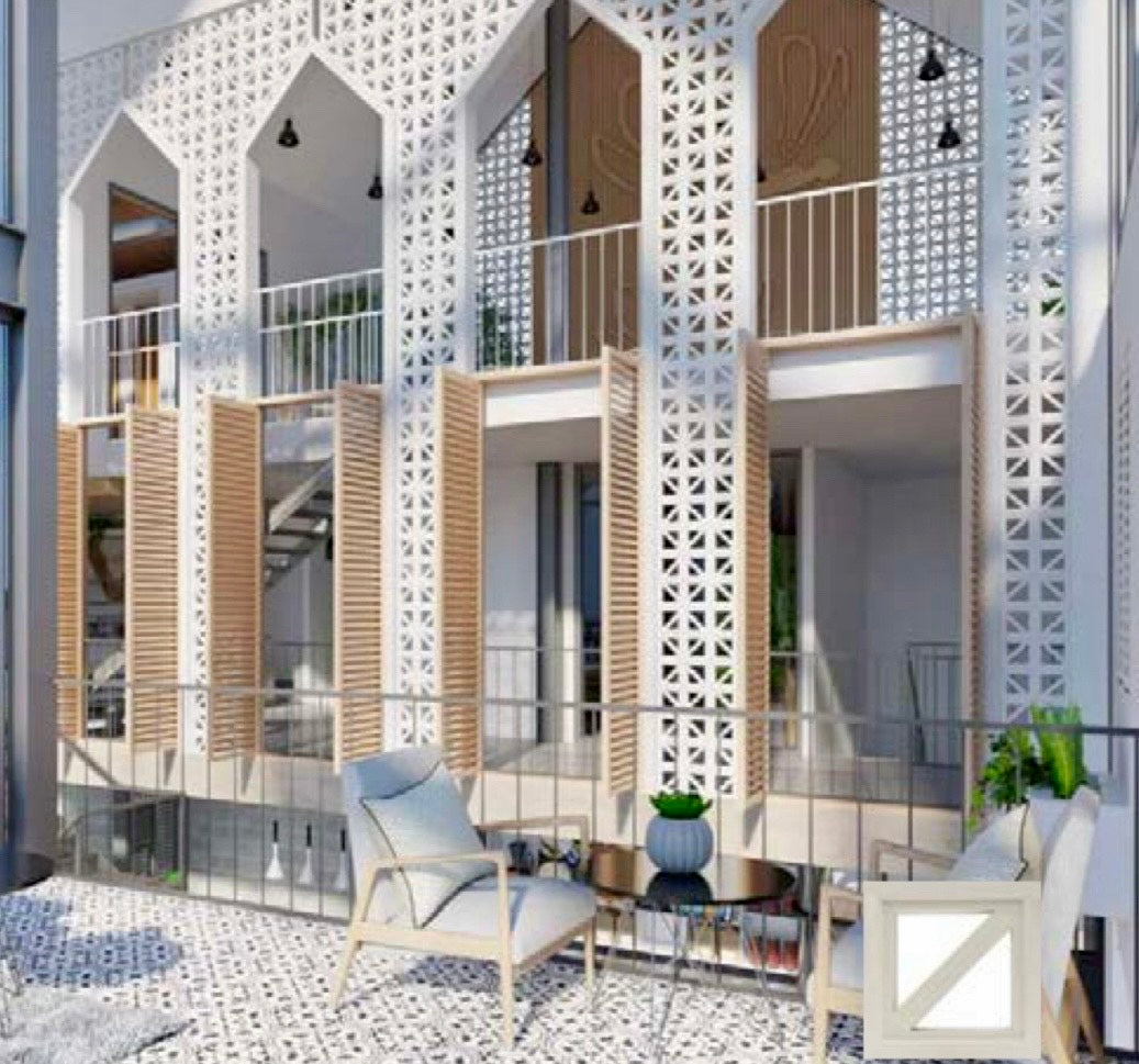 Modern patio with Kaui patterned tile by New York Cement Tile, wooden shutters, white lattice walls, and a concrete screen.