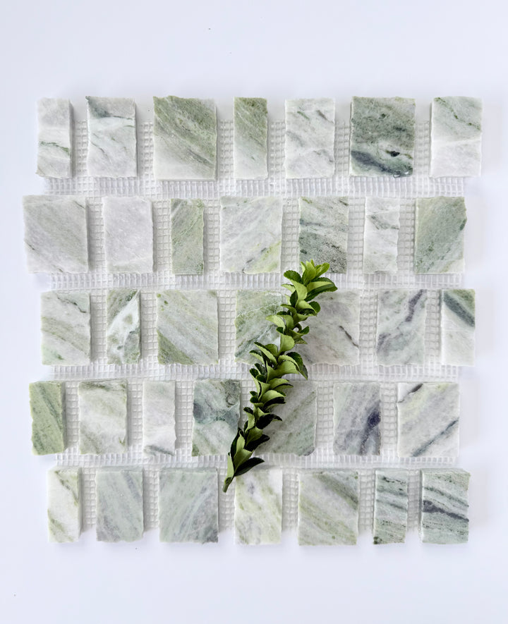 The Scarpa I Green Vibes Rough Cut Mosaic by New York Cement Tile with a green stem placed diagonally across the sample.