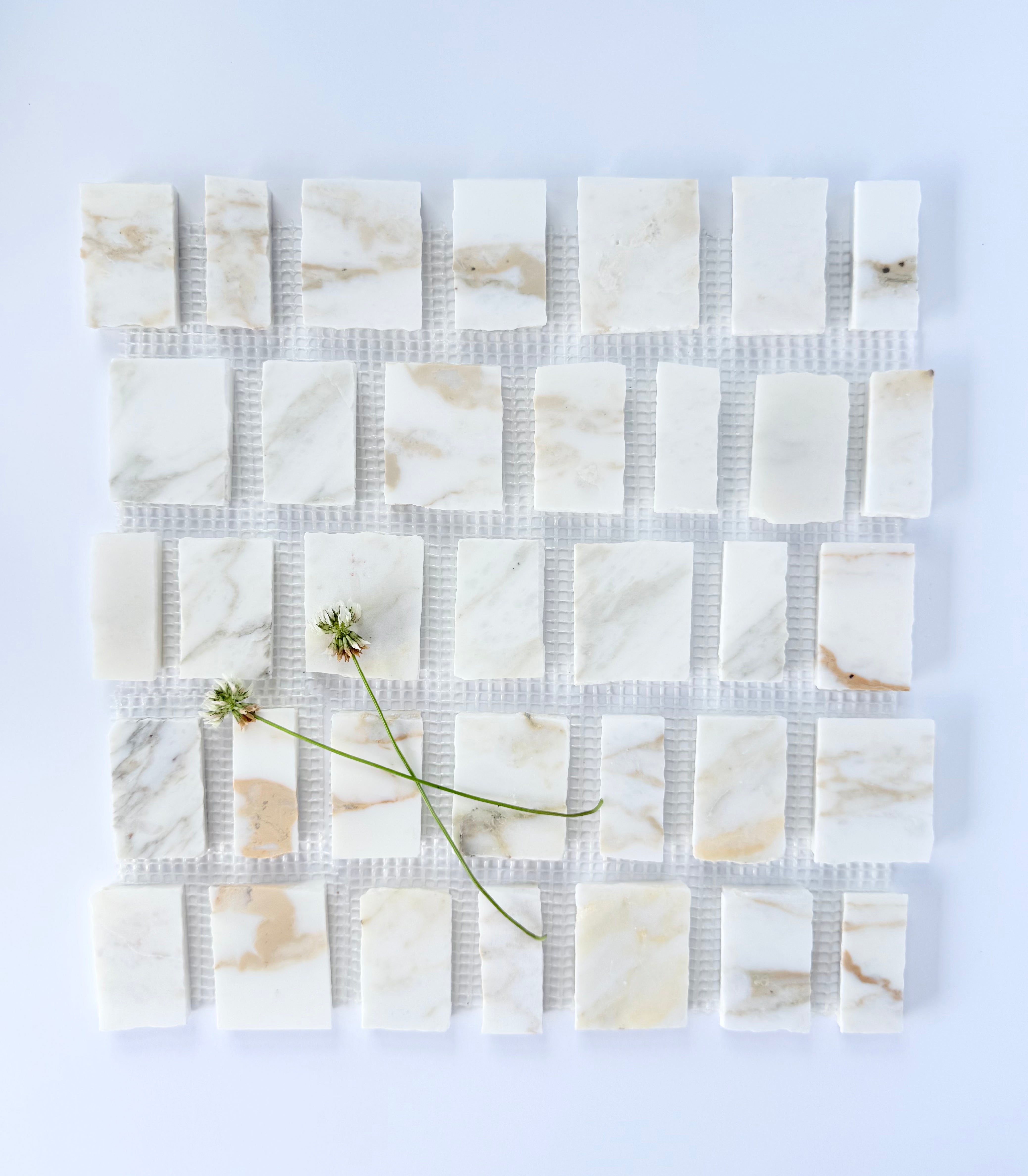 Scarpa I Calacatta Viola Mosaic Marble Mesh by New York Cement Tile: grid pattern with diagonal floral accents, Italian-inspired.