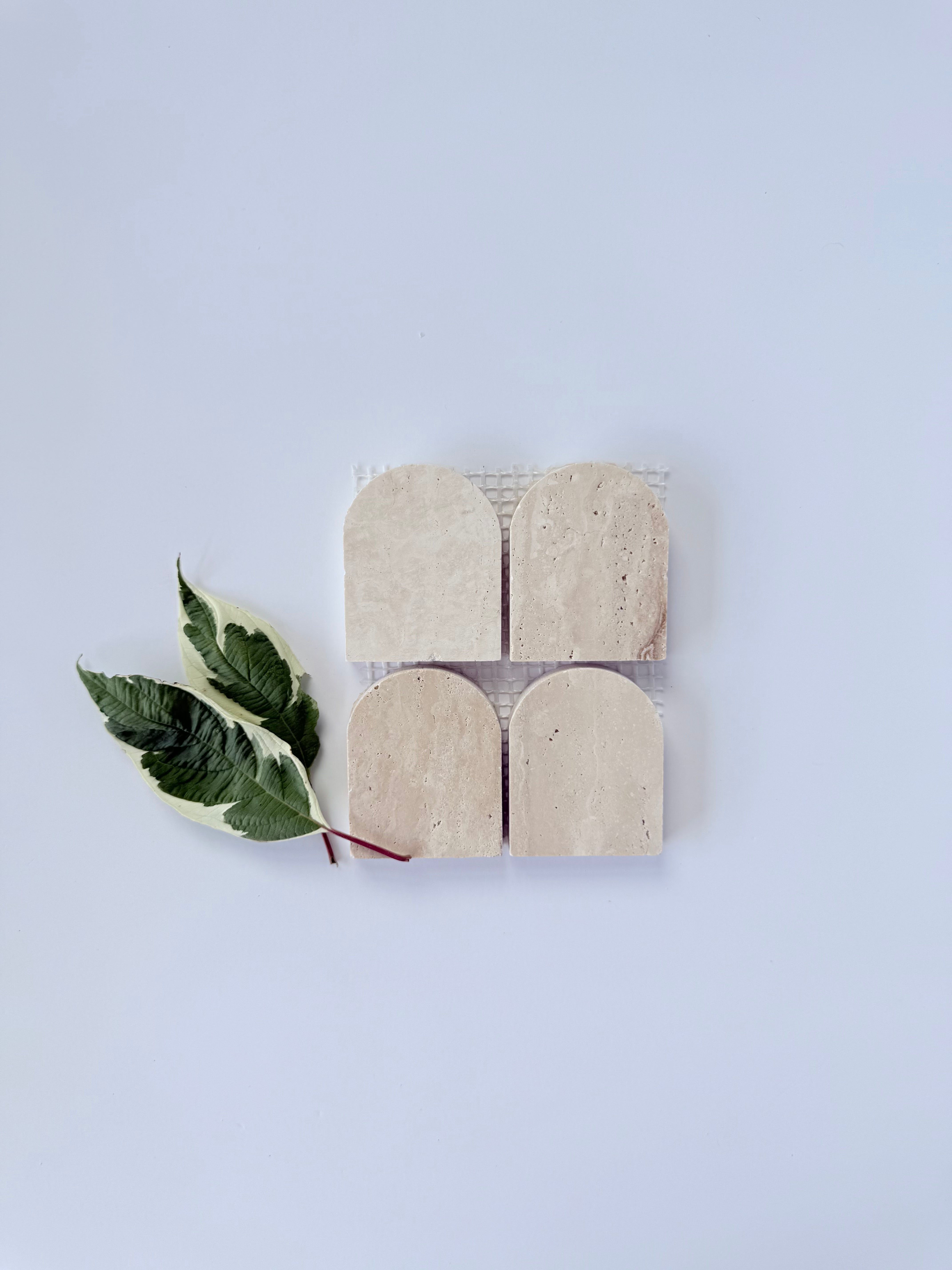 Four beige Scarpa I Travertine Arch Mosaic Marble Mesh tiles by New York Cement Tile with three green leaves on white.