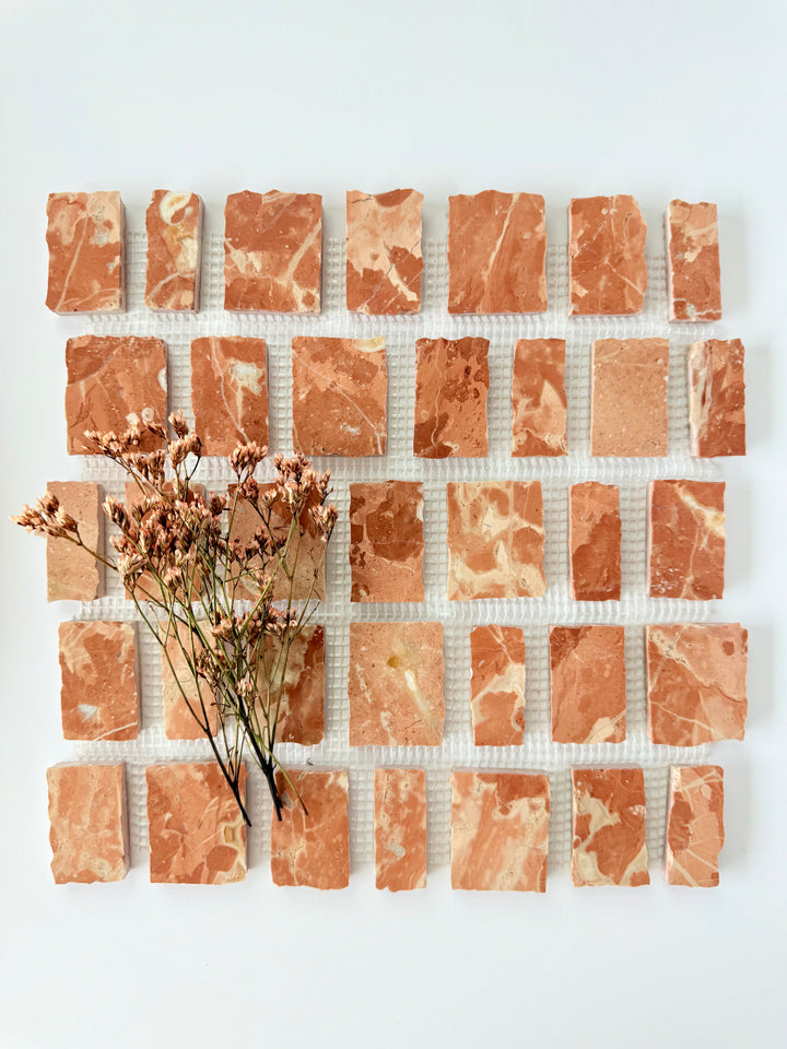 Scarpa I Earth Mosaic Marble Mesh tiles by New York Cement Tile, styled with dried flowers on a white background.